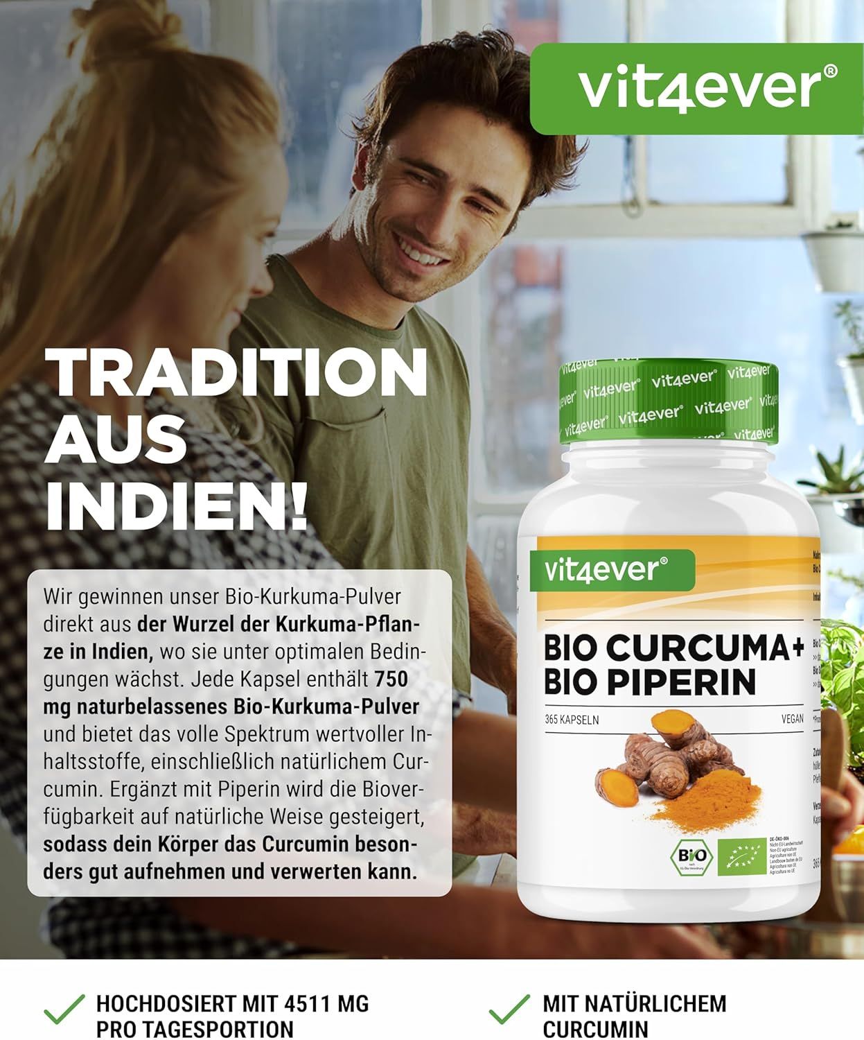 Vit4ever Bio Curcuma + Bio Piperin Dose neben einem lächelnden Paar in einer Küche.