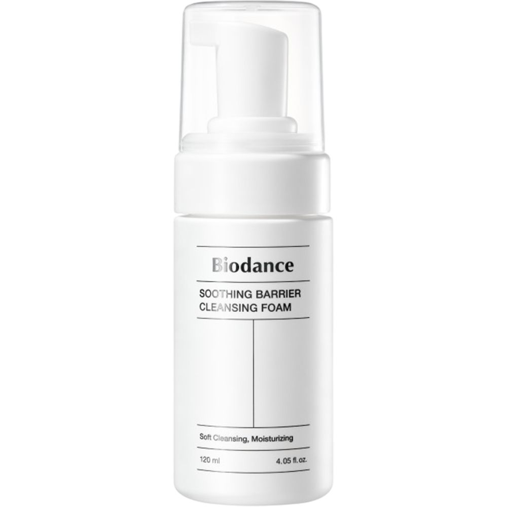 Weiße Flasche mit Pumpverschluss. Aufschrift: BIODANCE, SOOTHING BARRIER CLEANSING FOAM. Unten: 120 ml, 4.05 fl.oz.