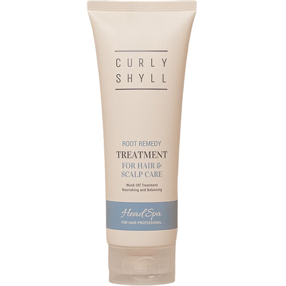 Beige Tube mit Schriftzug CURLY SHYLL, Root Remedy Treatment für Haar & Kopfhautpflege. Blaue Leiste mit Head Spa.