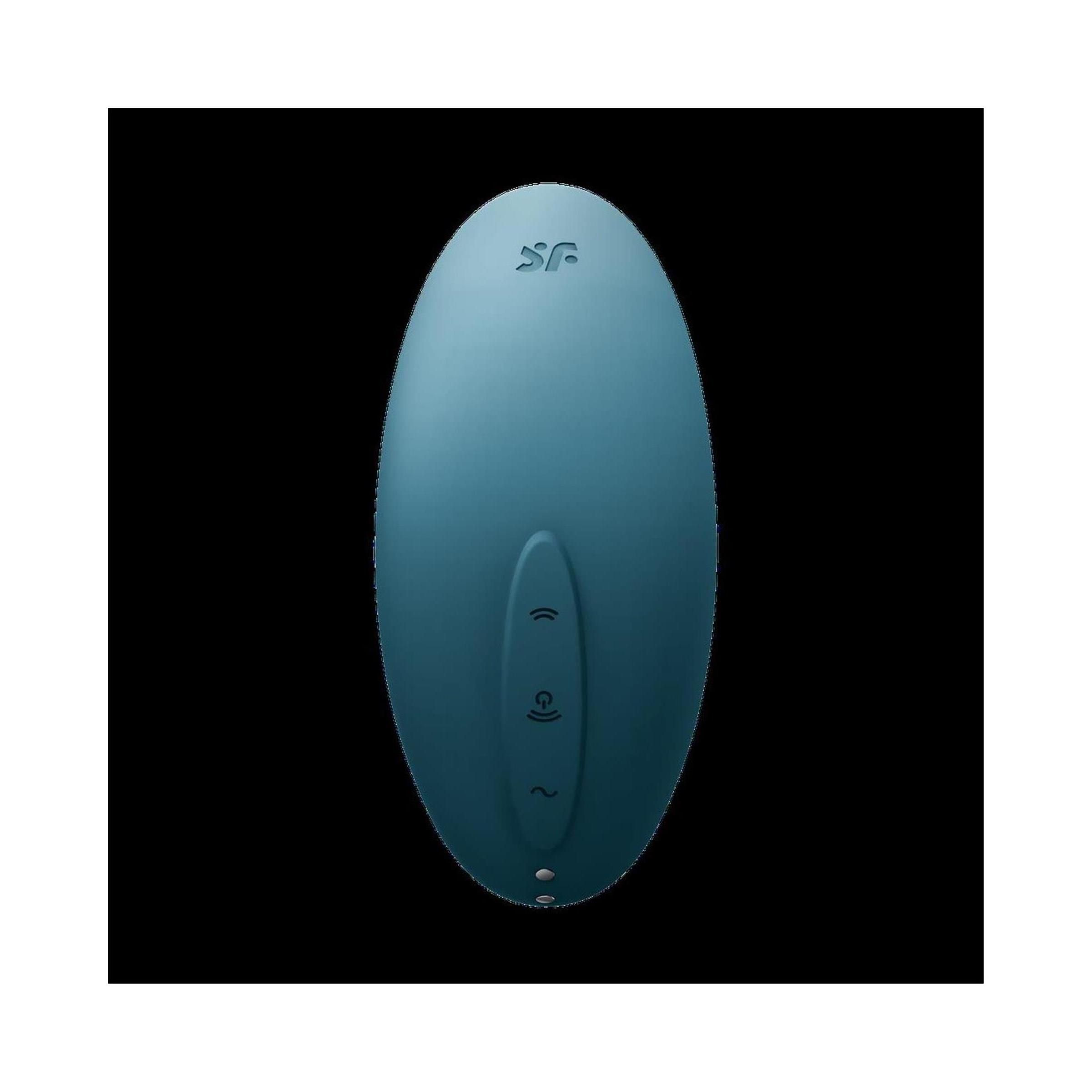 Blaues, ovales Produkt mit drei Knöpfen. Oberseite mit Logo. Glatte Oberfläche.