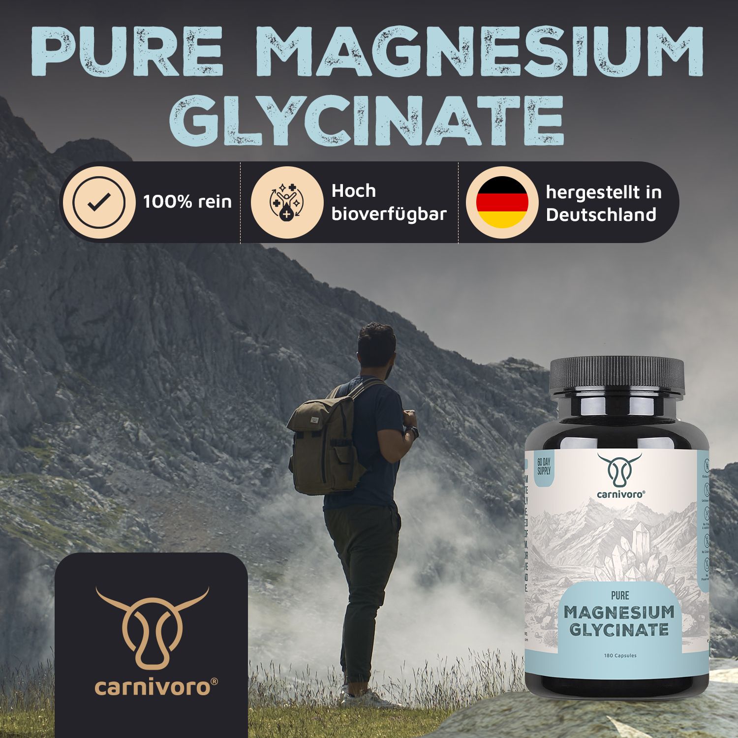 Eine Flasche mit schwarzem Deckel. Aufschrift: Pure Magnesium Glycinate. Mann mit Rucksack vor Berglandschaft. Logo: carnivoro®.