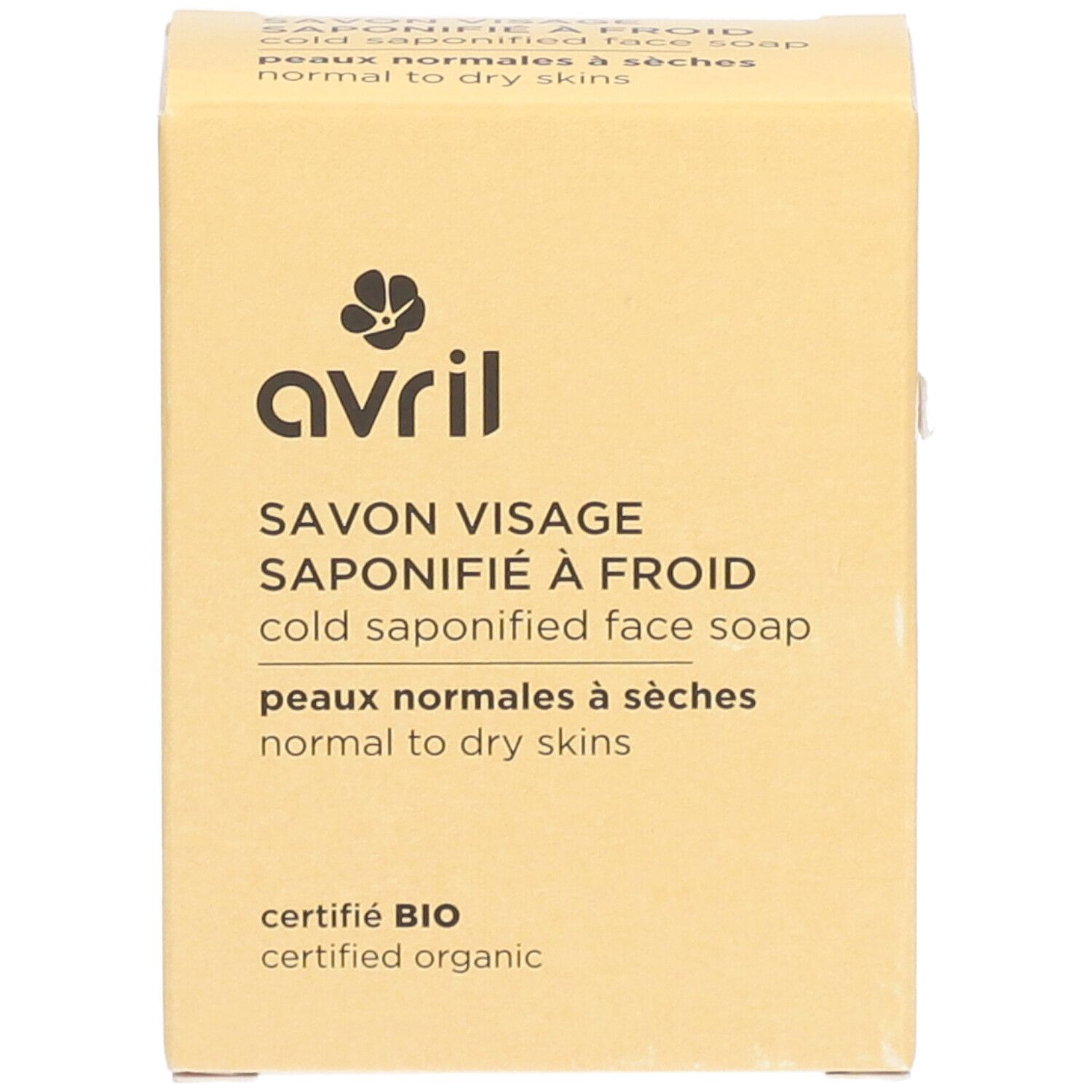 Vorderseite einer beige Kartonverpackung. Aufschrift: avril, Savon Visage, Saponifié à Froid, Cold Saponified Face Soap, Peaux normales à sèches, Certifié Bio.