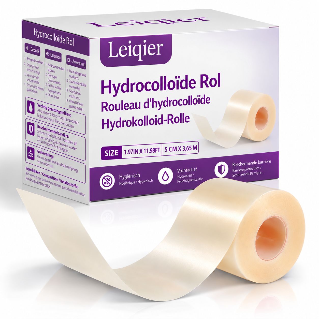 Leiqier Hydrokolloid Pflaster Rolle, 5 cm x 3,65 m. Transparente, flexible Rolle.