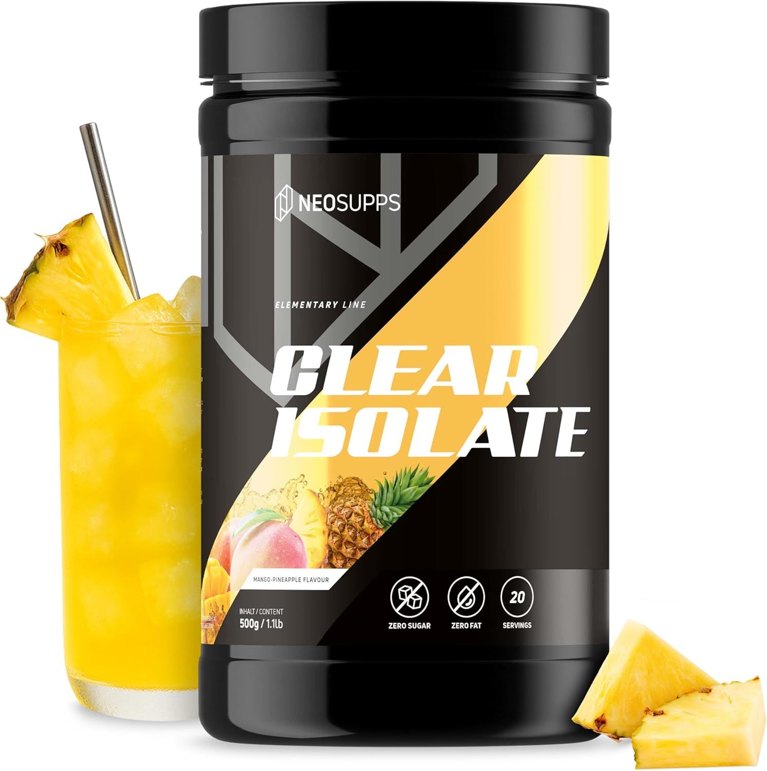 Schwarze Dose "CLEAR ISOLATE" mit gelbem Akzent. Glas mit Getränk, Ananasstücke. Text: Mango-Ananas-Geschmack.