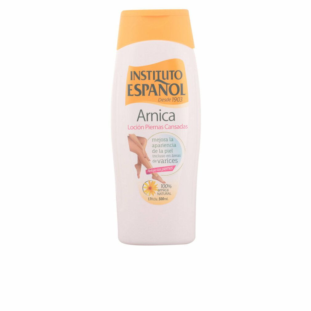 Weiße Flasche mit gelbem Deckel. Aufschrift: Instituto Español Arnica, Lotion für müde Beine. Enthält 100% natürliches Arnika.