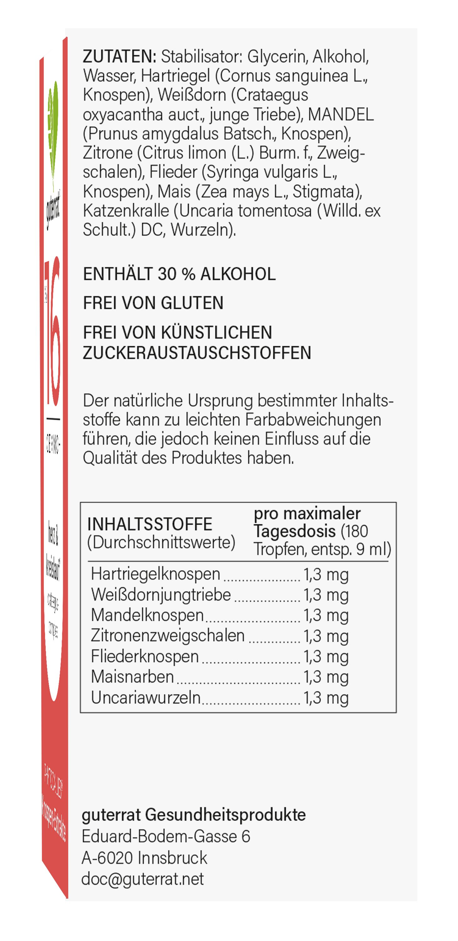 GUTERRAT Nr. 16 Herz- und Kreislauftropfen. Verpackung mit Zutatenliste und Nährwertangaben. Enthält 30% Alkohol. Frei von Gluten und künstlichen Zucker.