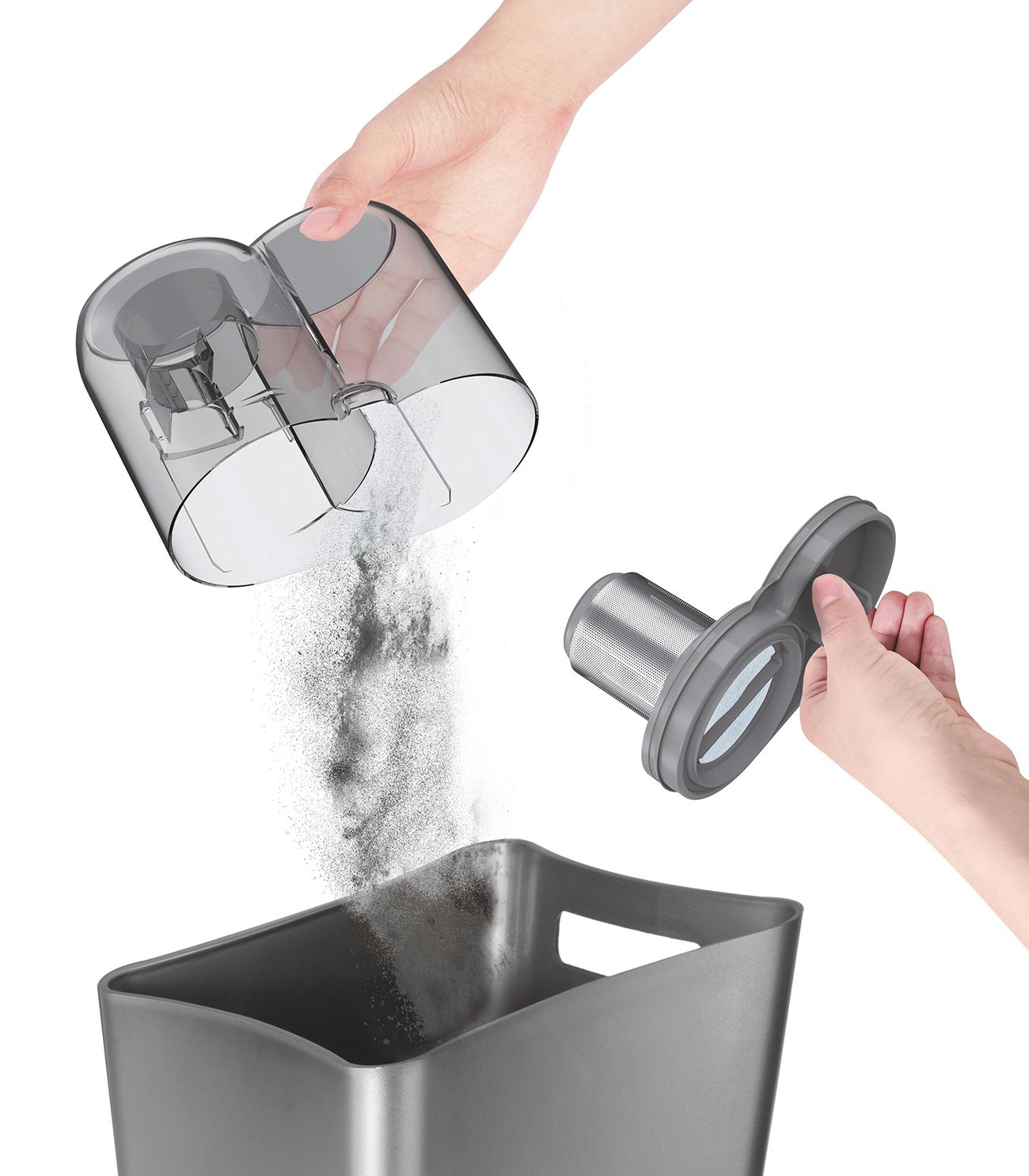 Ein transparenter Staubbehälter wird über einem grauen Behälter entleert. Ein Filter wird daneben gehalten.