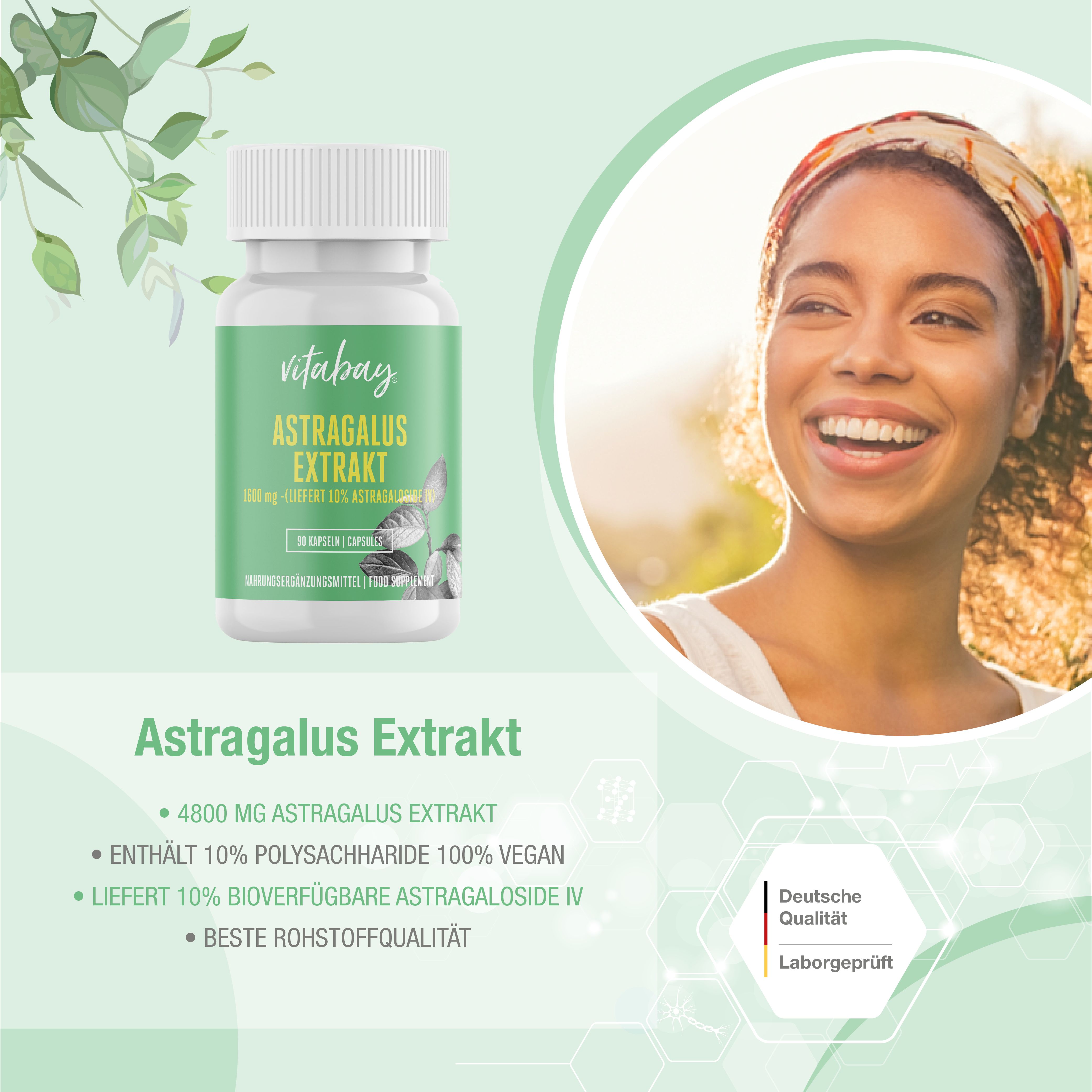 Vitabay Astragalus Extrakt Kapsel neben lächelnder Frau.