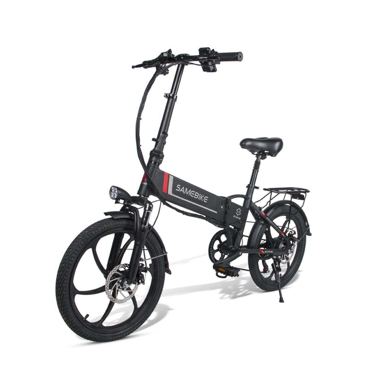 Schwarzes Elektrofahrrad SAMEBIKE 20LVXD30. Sichtbar: Rahmen, Räder, Sattel, Gepäckträger, Scheinwerfer, Bremsen.