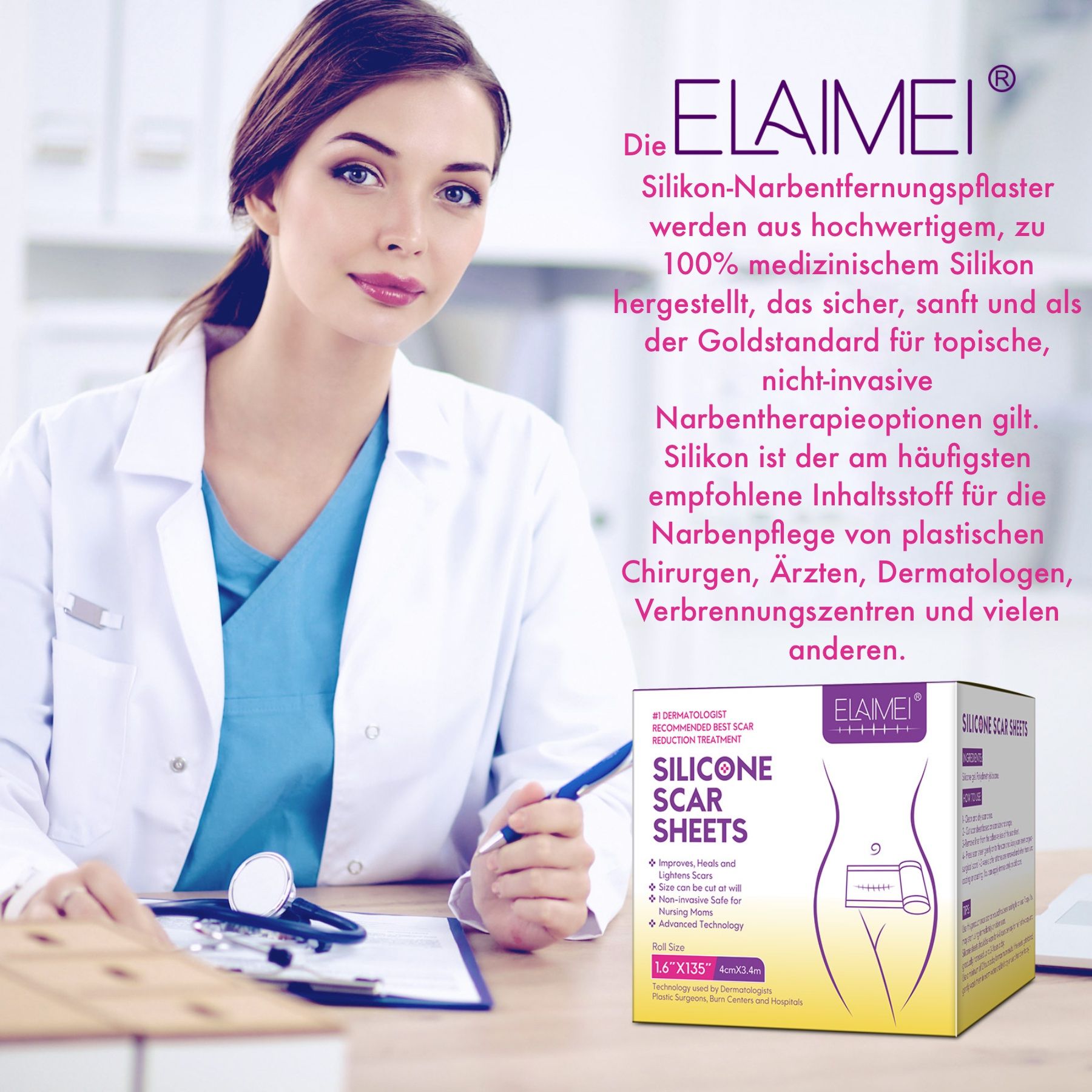 Ärztin mit Stethoskop und Produktverpackung. Verpackung mit Produktinformationen und Logo.