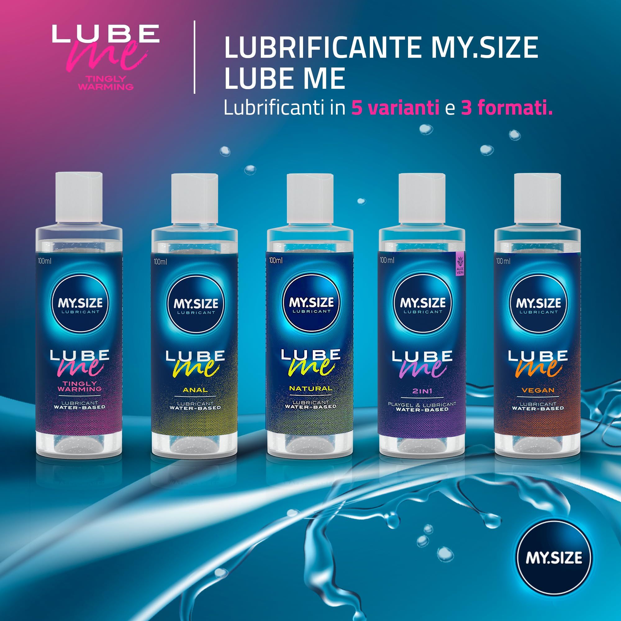 Fünf MY.SIZE Lube Me Gleitgel-Flaschen in verschiedenen Varianten.
