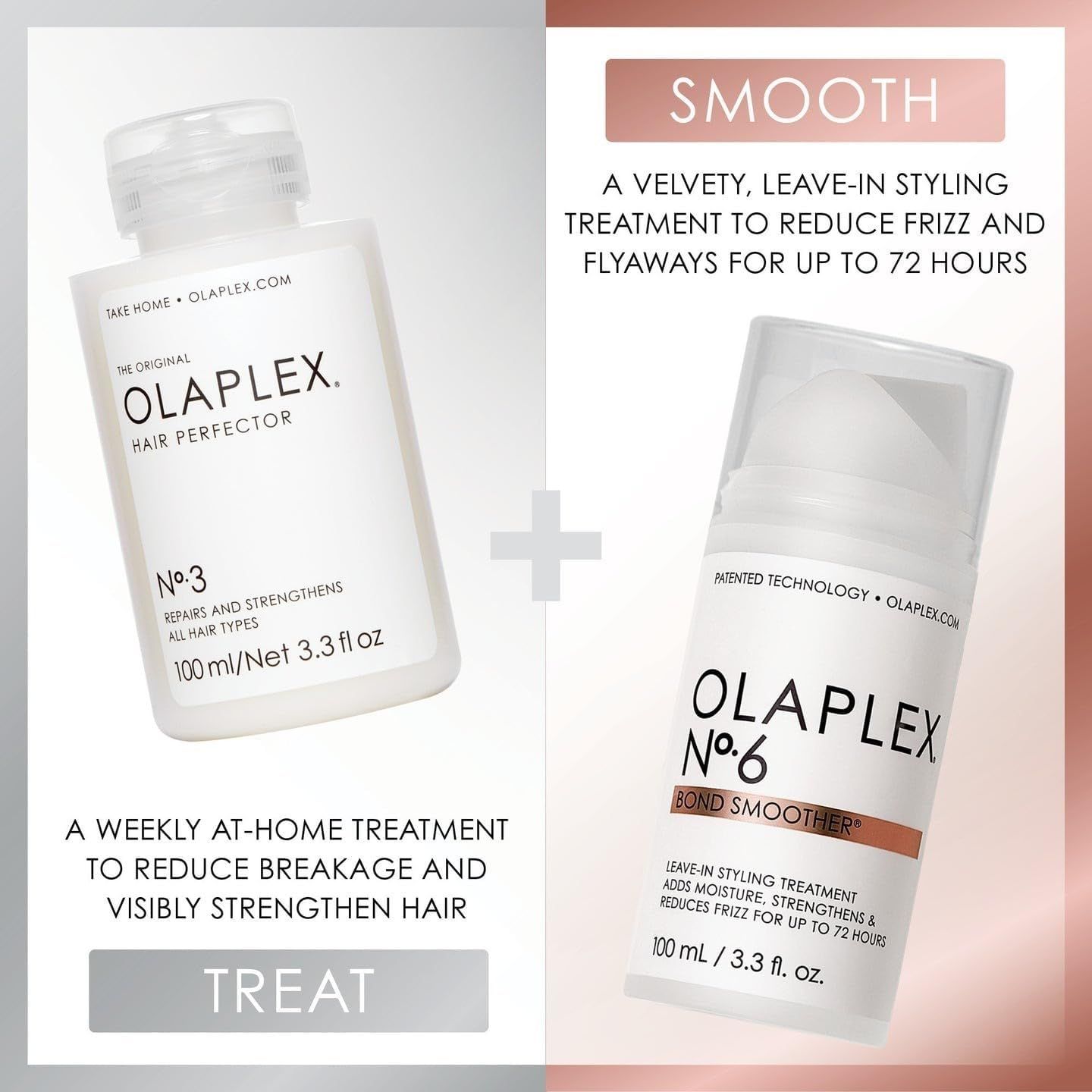 Olaplex Nr. 3 und Nr. 6 Bond Smoother. Zwei Flaschen nebeneinander. Text: Weekly at-home treatment und Leave-in Styling Treatment.