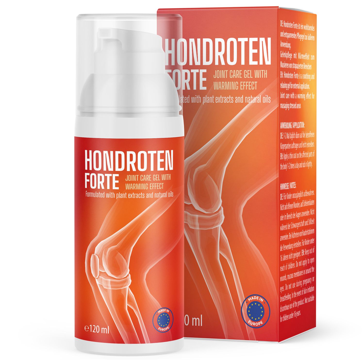 Hondroten Forte Gel-Flasche und -Verpackung. Rote Verpackung mit Produktnamen und Knochenillustration. Flasche mit Dosierkopf.