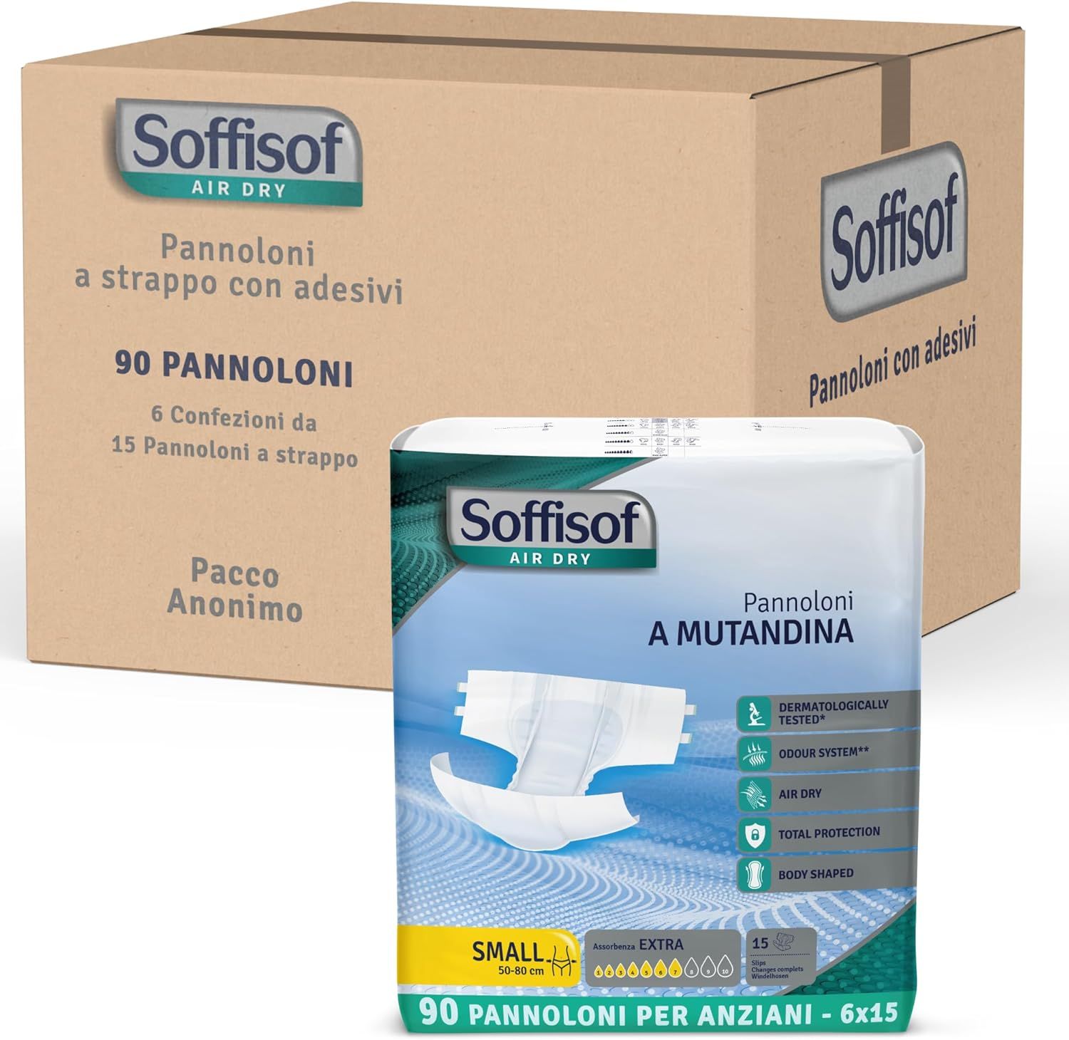 Verpackung und Karton mit Windeln. Aufschrift: Soffisof Air Dry. 90 Stück.