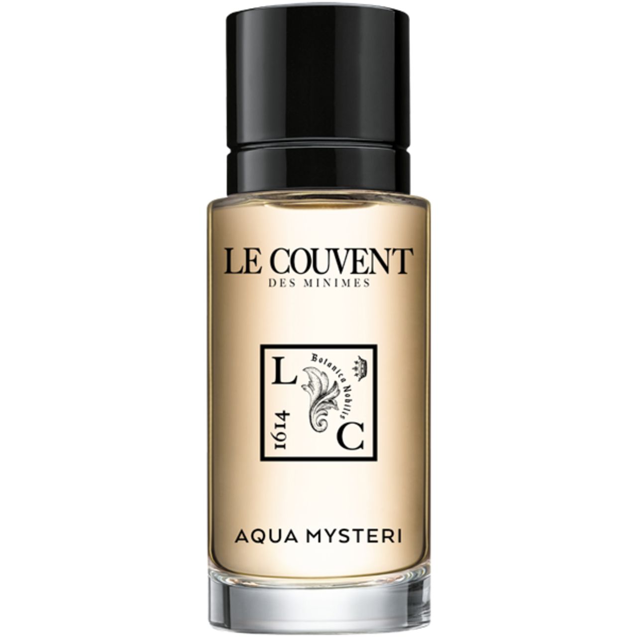Parfümflakon mit schwarzem Verschluss. Aufschrift: Le Couvent des Minimes, Aqua Mysteri.