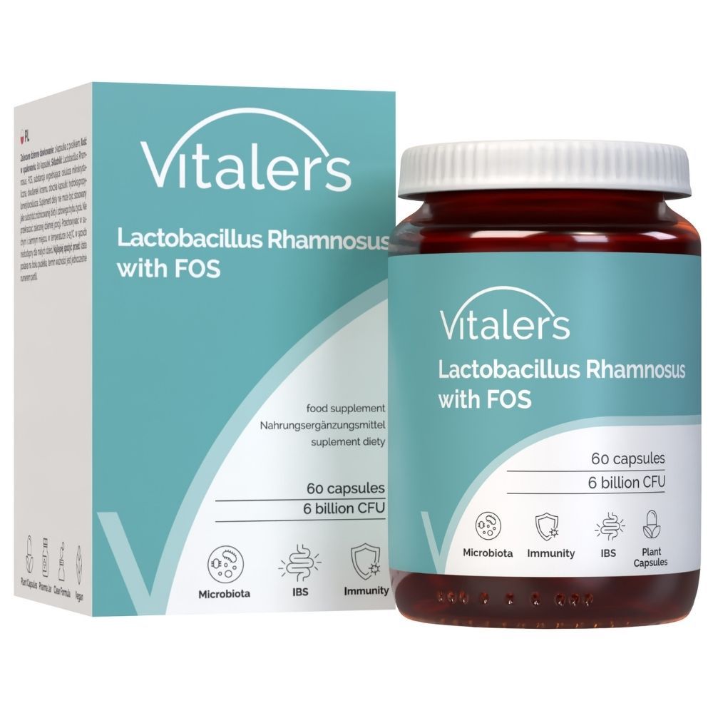 Vitaler's Lactobacillus Rhamnosus mit FOS: Kartonverpackung und Flasche mit 60 Kapseln.
