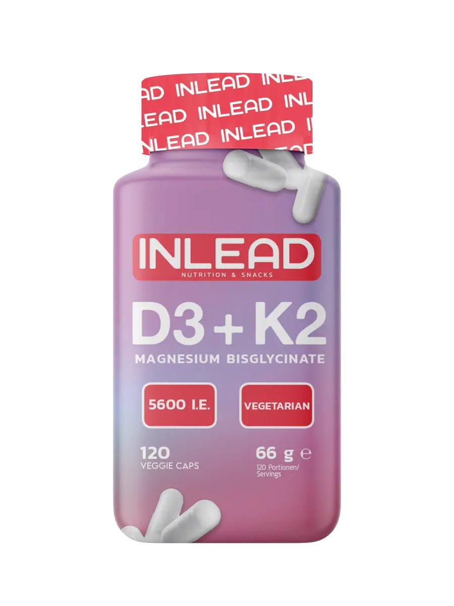 Flasche INLEAD D3+K2 mit Kapseln. Enthält 120 Veggie-Kapseln. Aufschrift: 5600 I.E., vegetarisch. Roter Deckel mit INLEAD-Schriftzug.