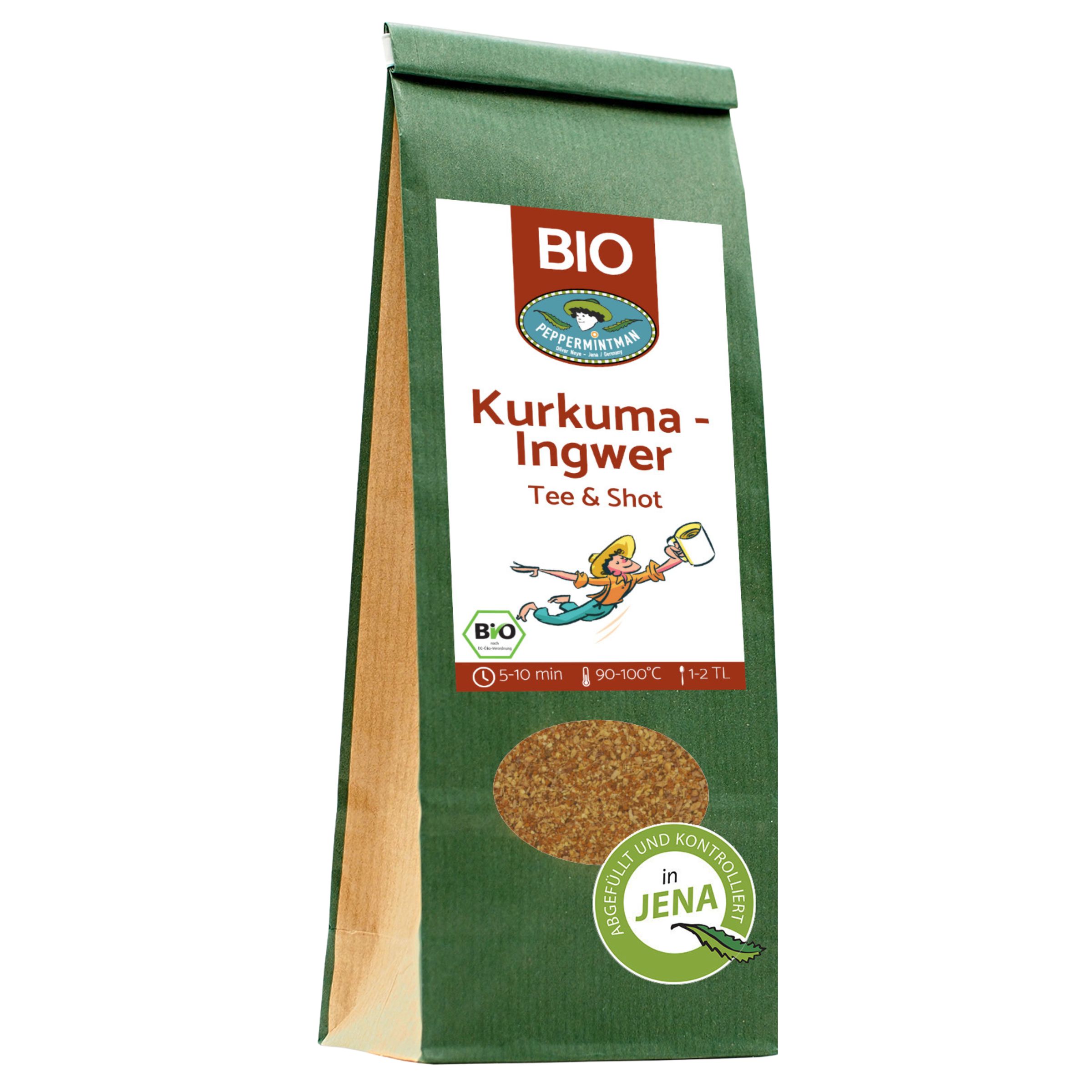 Grüne Papiertüte mit "BIO"-Logo und Produktbezeichnung "Kurkuma-Ingwer Tee & Shot". Sichtfenster mit Inhalt.