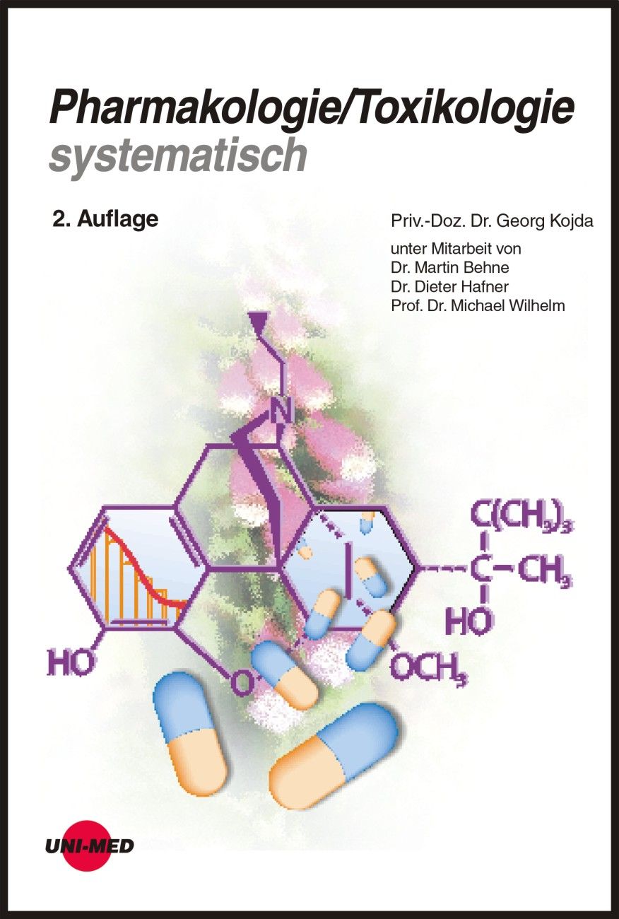 Buchcover: Pharmakologie/Toxikologie systematisch, 2. Auflage. Abbildung von Molekülstrukturen und Kapseln. Autorennamen und Uni-Med Logo.