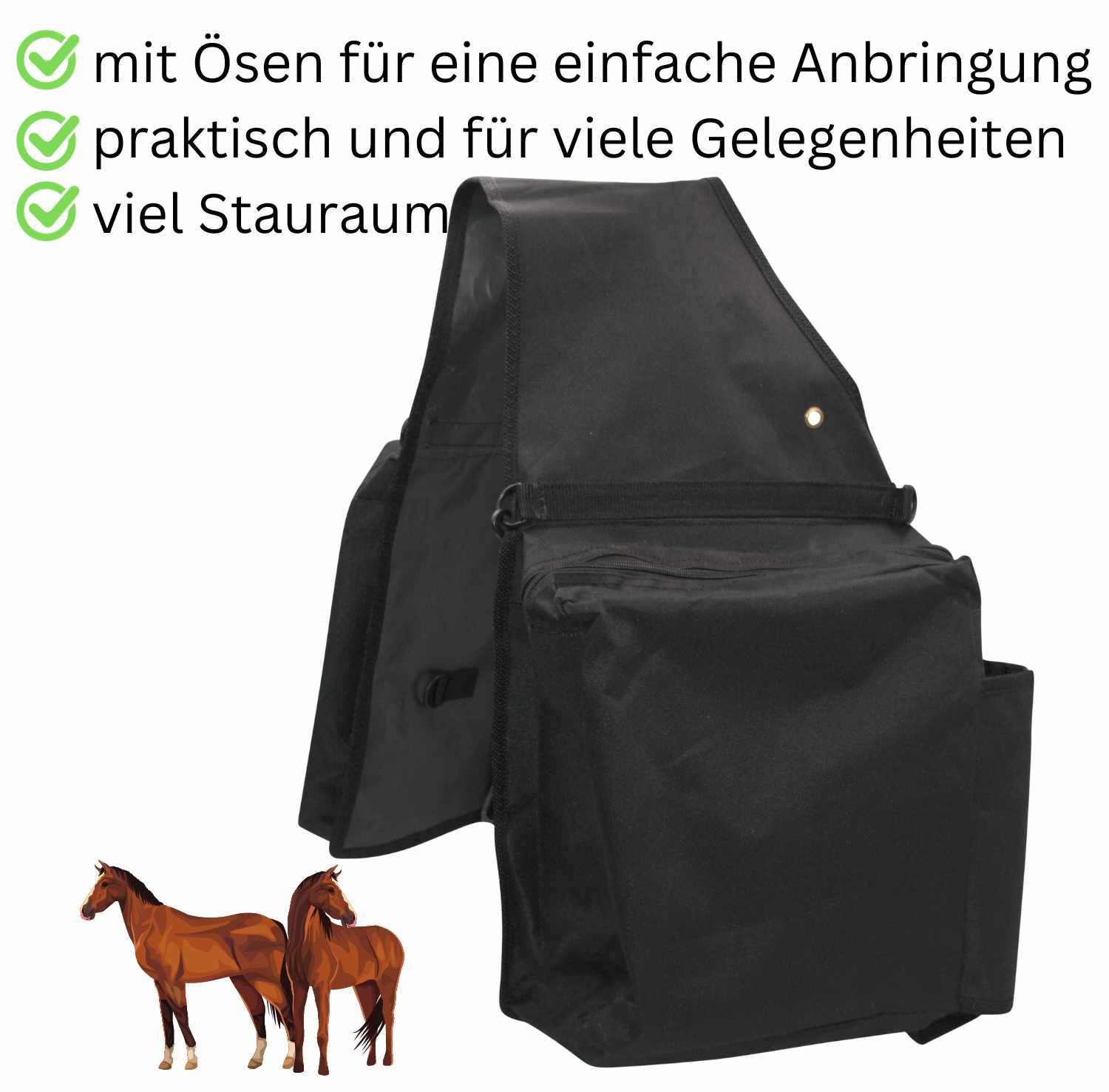 Schwarze Satteltasche mit zwei Taschen und Flaschenhalterungen. Text: mit Ösen, praktisch, viel Stauraum. Zwei Pferde.