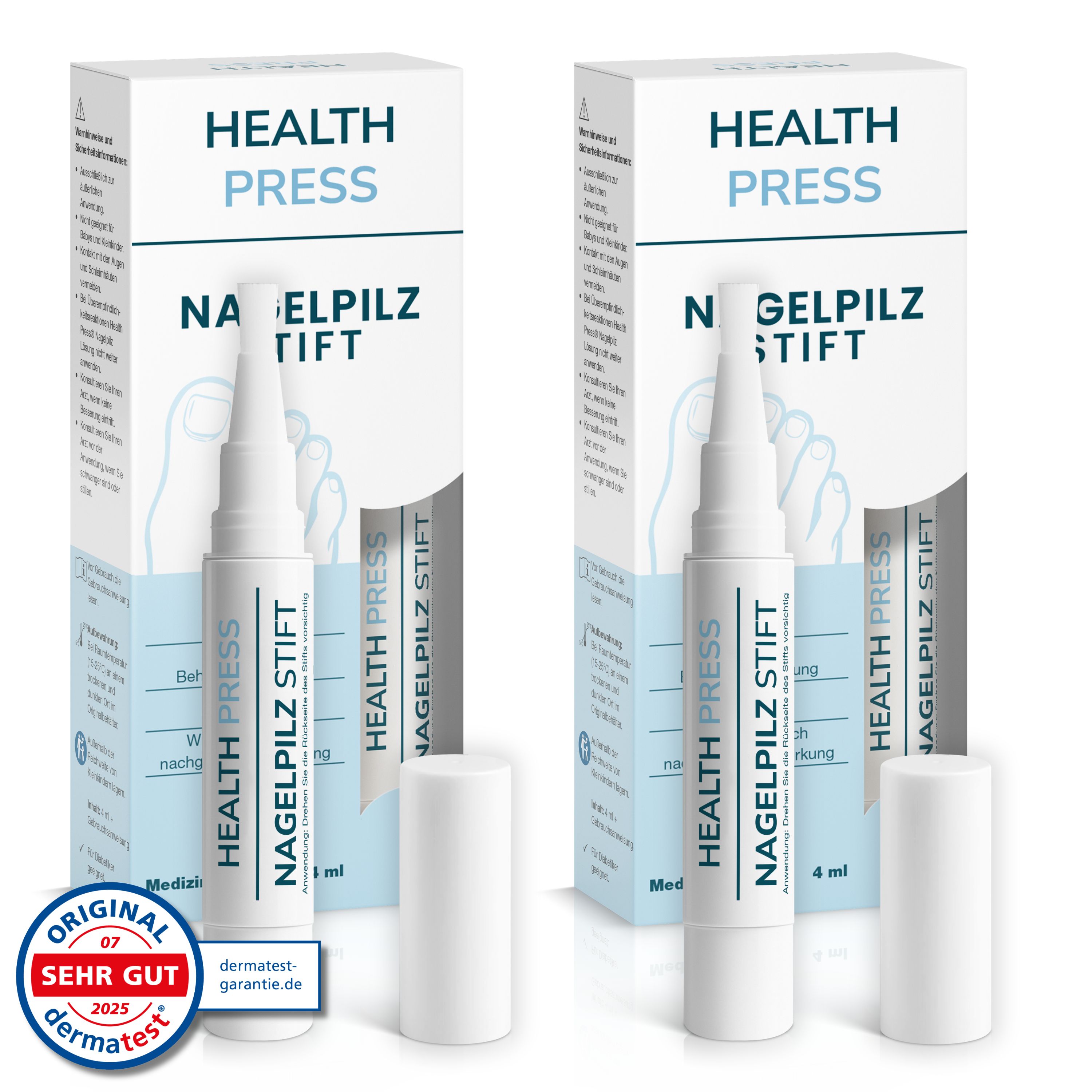Zwei Packungen Nagelpilzstift. Text: Health Press Nagelpilz Stift. Mit Dermatest-Siegel.