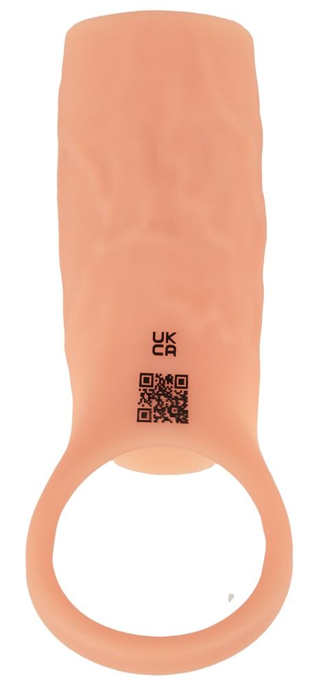 Penismanschette mit Hodenring. Hautfarbenes Silikon. Ringförmige Basis. QR-Code und Text UK CA.