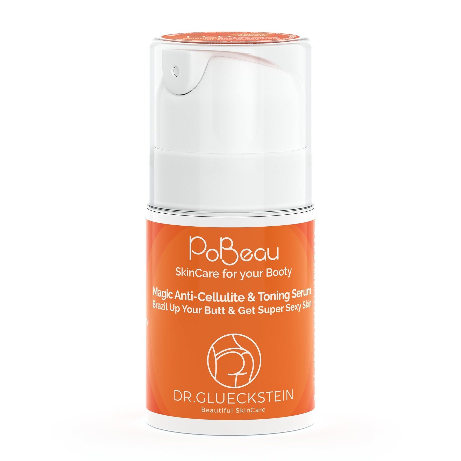 Zylindrische Flasche mit orangefarbenem Etikett. Text: PoBeau, Magic Anti-Cellulite & Toning Serum. Weißer Pumpkopf.