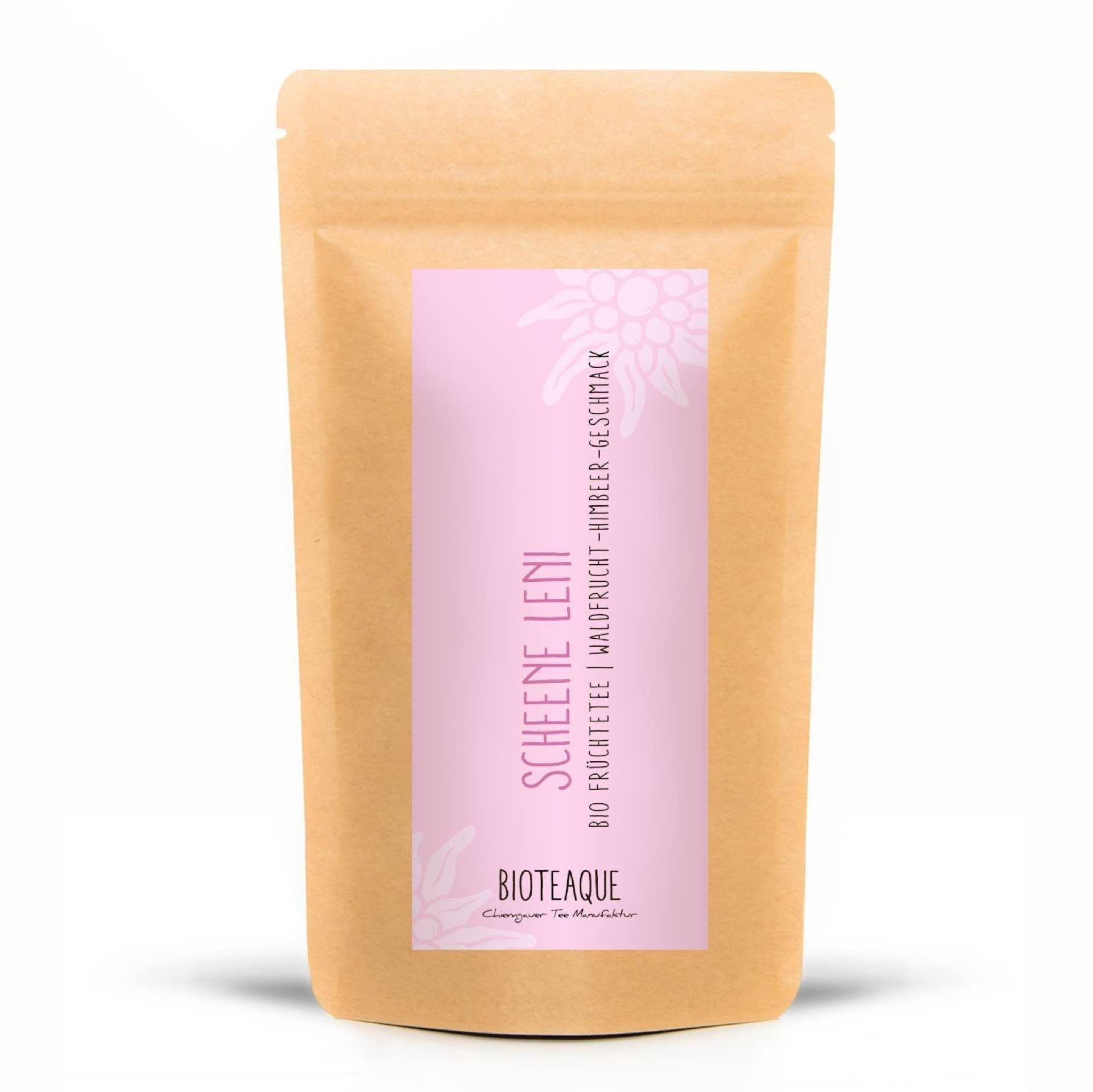 BIOTEAQUE Scheene Leni Bio-Fruchttee Beutel mit Himbeer-Geschmack. Brauner Standbeutel mit rosa Etikett.