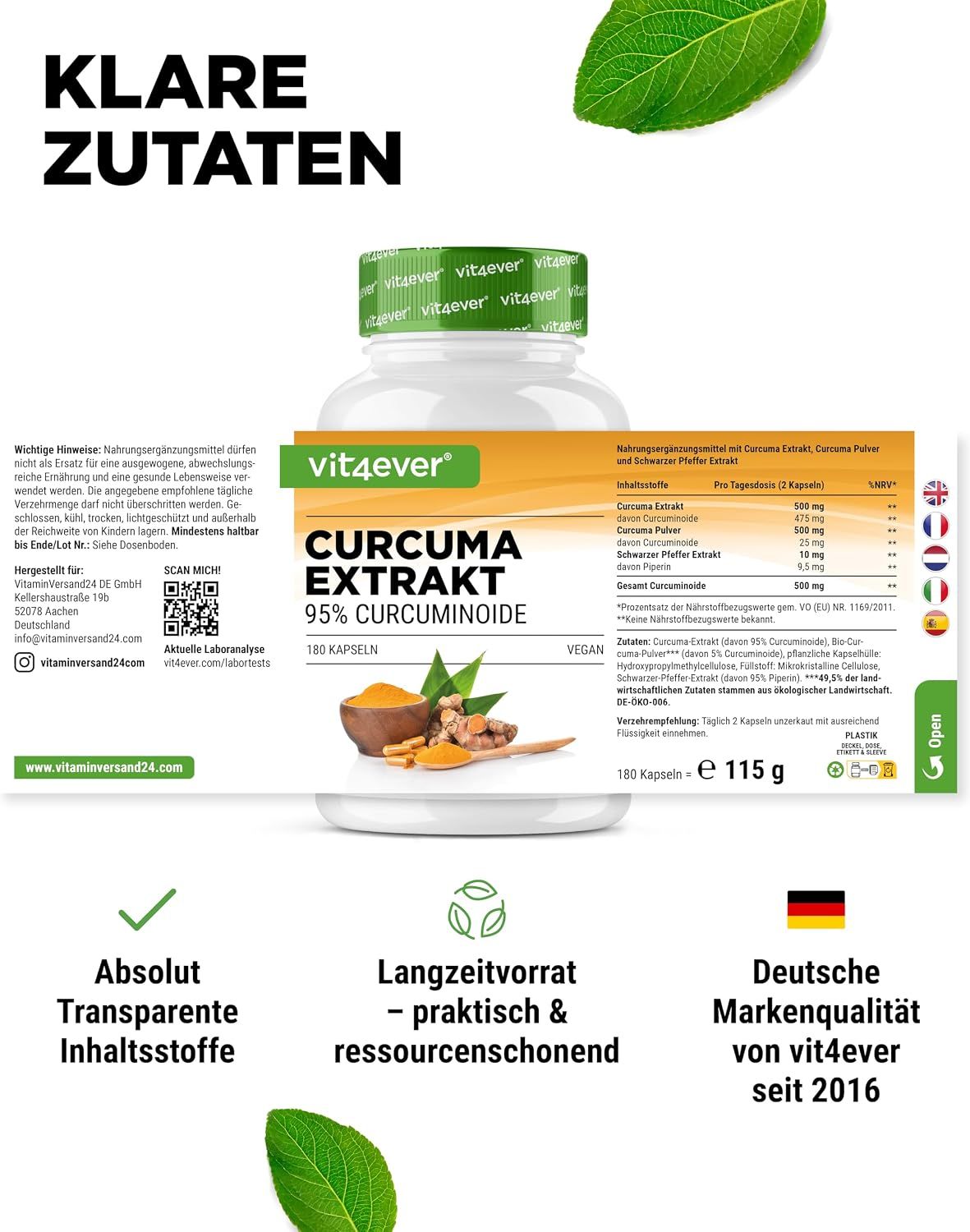 Vit4ever Curcuma Extrakt Dose mit Etikett: 180 Kapseln, 95% Curcuminoide, vegan.