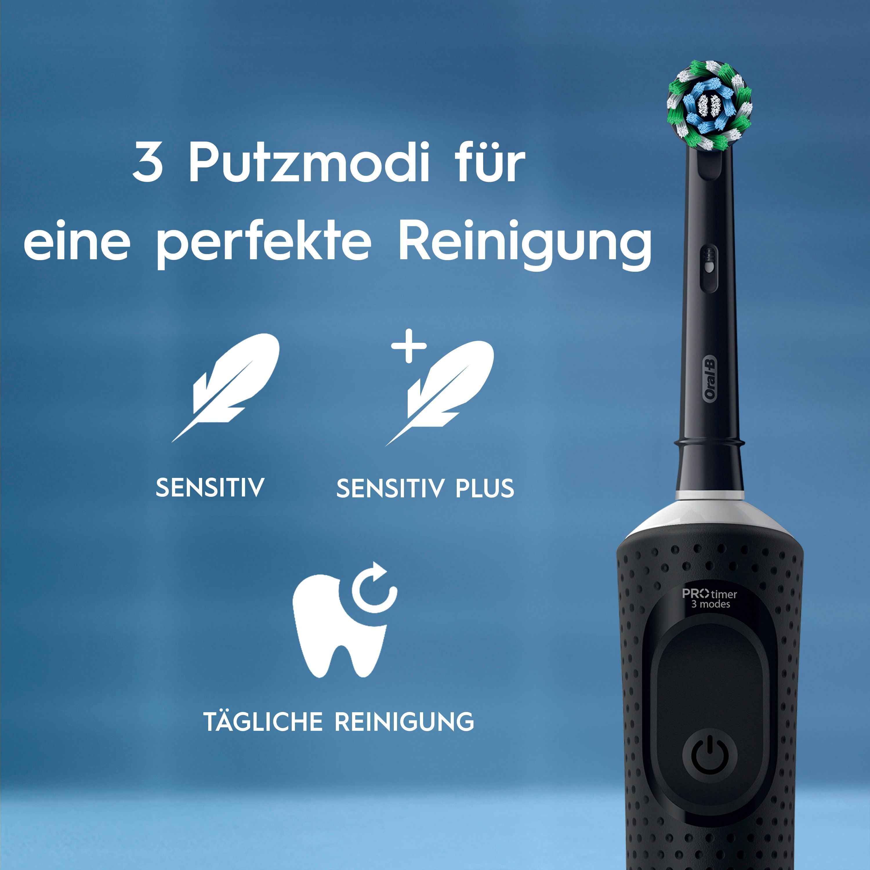 Elektrische Zahnbürste mit rundem Bürstenkopf. Text: 3 Putzmodi für eine perfekte Reinigung. Sensitiv, Sensitiv Plus, Tägliche Reinigung.