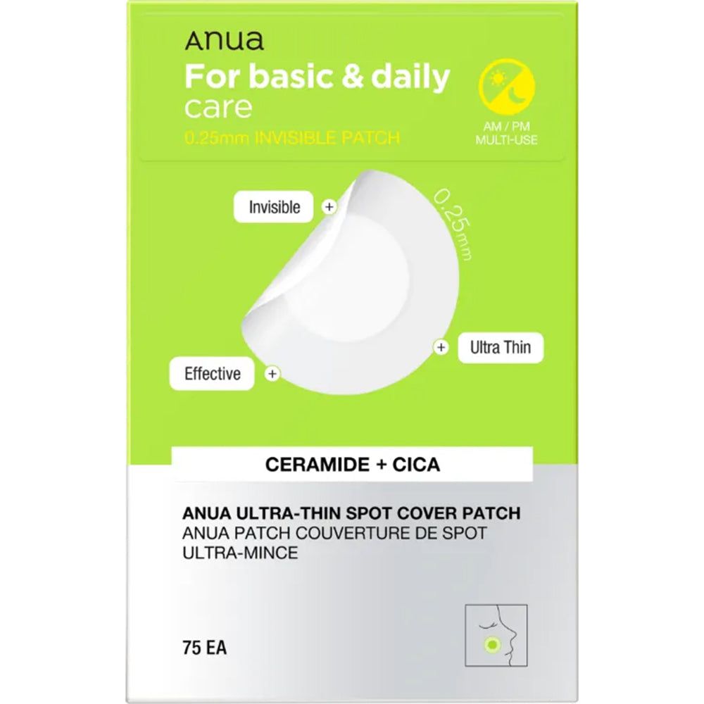 Grüne Verpackung mit Produktabbildung. Text: Anua, Ultra-Thin Spot Cover Patch, 75 Stück. Runde, transparente Pflaster.