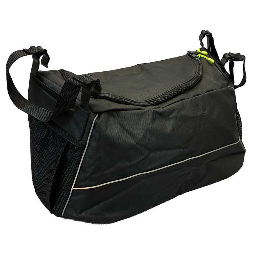 Schwarze Tasche mit Reißverschluss und Tragegurt. Reflektierende Details. Seitliche Netztasche. Für Rollator.