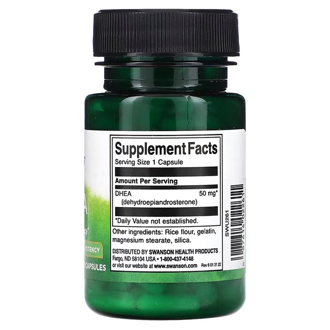 Rückseite einer grünen Flasche. Aufschrift: Supplement Facts. DHEA 50 mg. Inhaltsstoffe. Swanson Health Products.