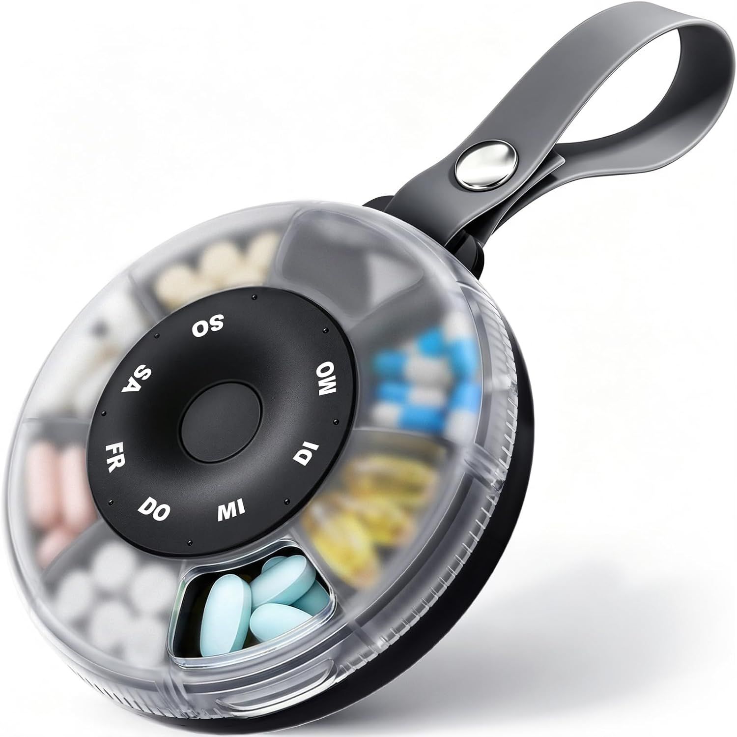Runde Pillendose mit 7 Fächern und drehbarem Deckel.