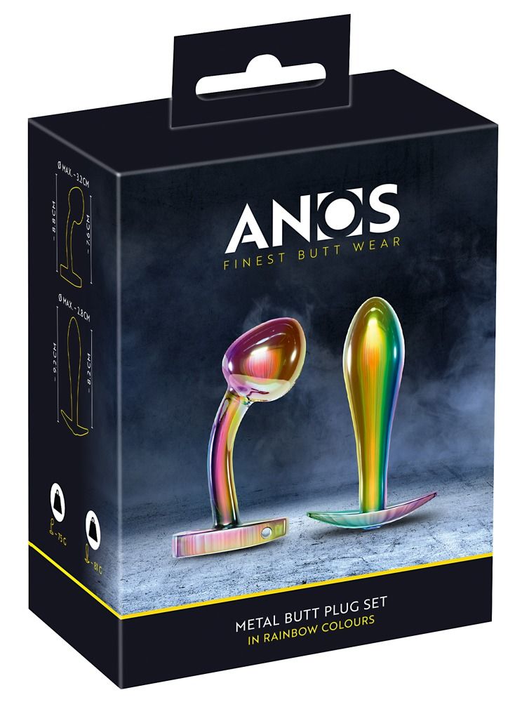 Verpackung mit zwei metallischen Anal-Plugs in Regenbogenfarben. Marke: ANOS.