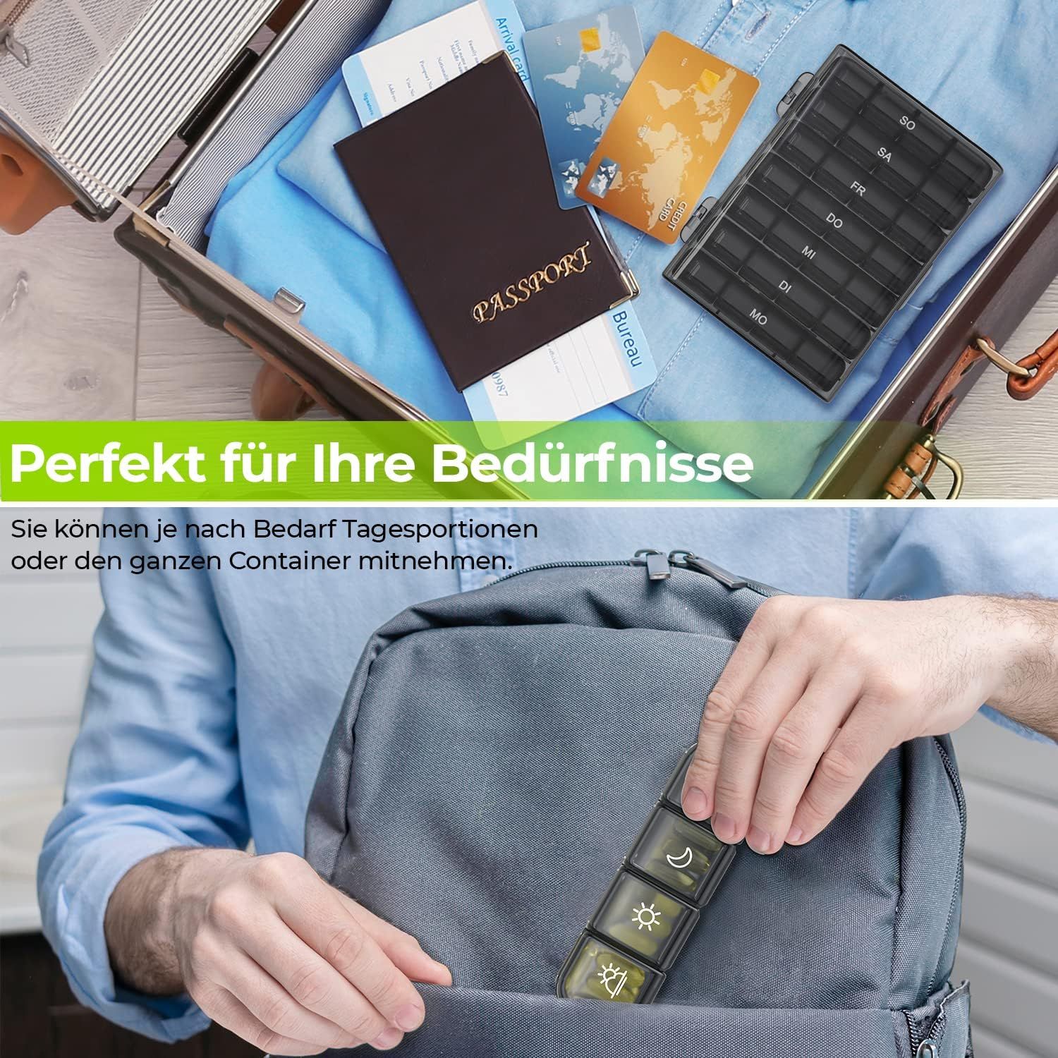 Ein offener Pillenbehälter mit sieben Fächern, die nach Tagen beschriftet sind.