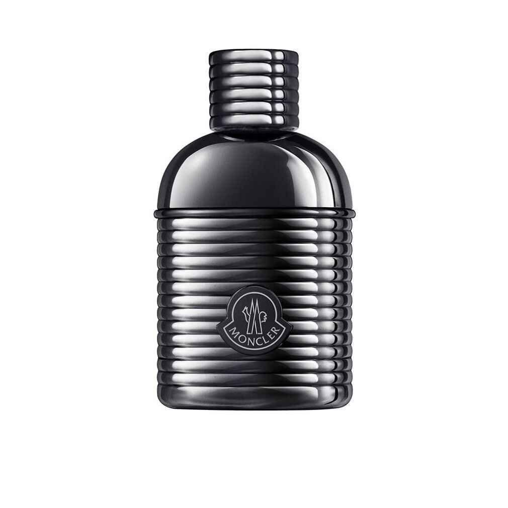 Dunkle Flasche mit geriffelter Oberfläche und Logo. Der Verschluss ist ebenfalls geriffelt. Das Logo ist rund und zeigt ein Emblem.