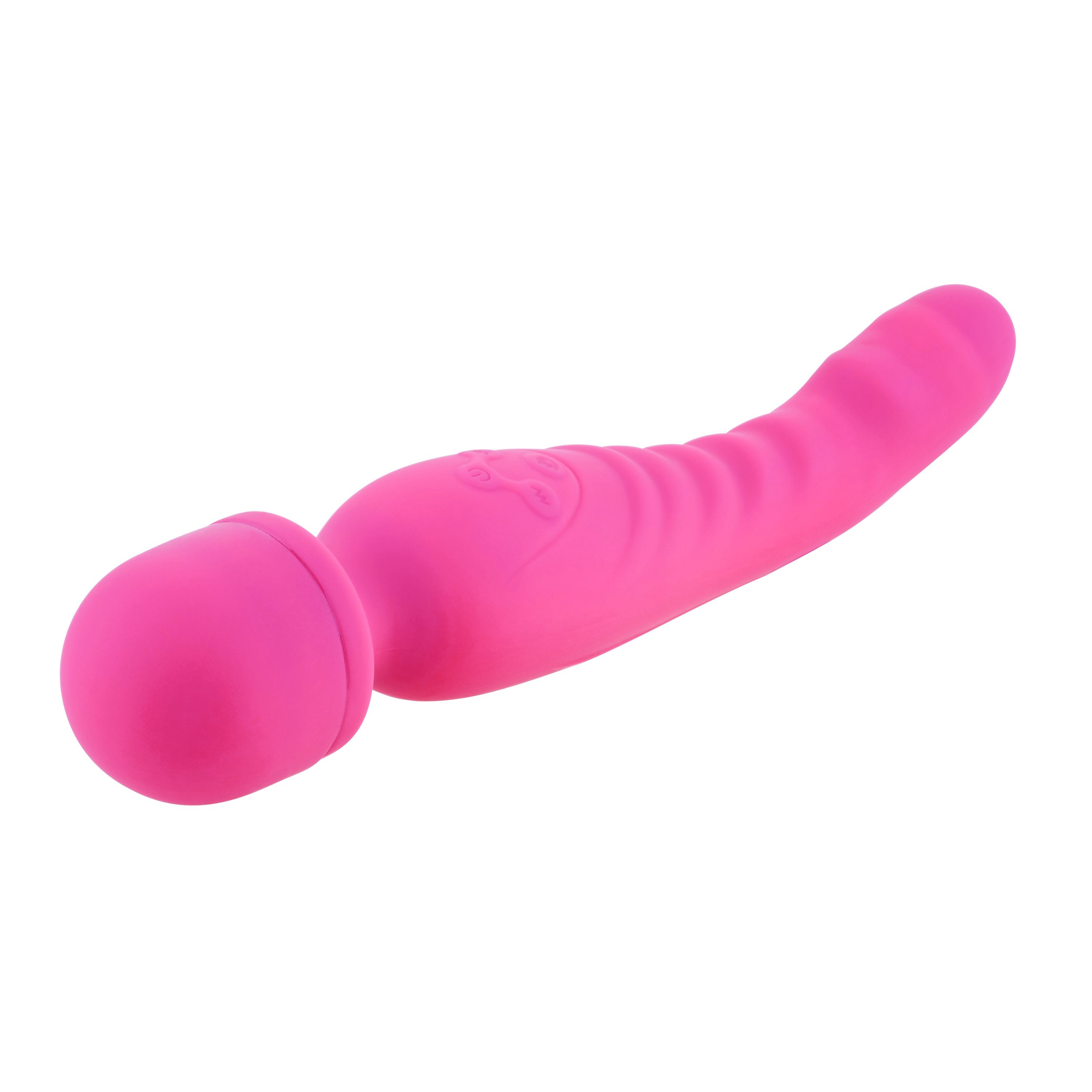 Pinkfarbener Massage-Stick mit abgerundetem Kopf und geriffelter Oberfläche. Auf der Oberfläche sind Symbole eingraviert.