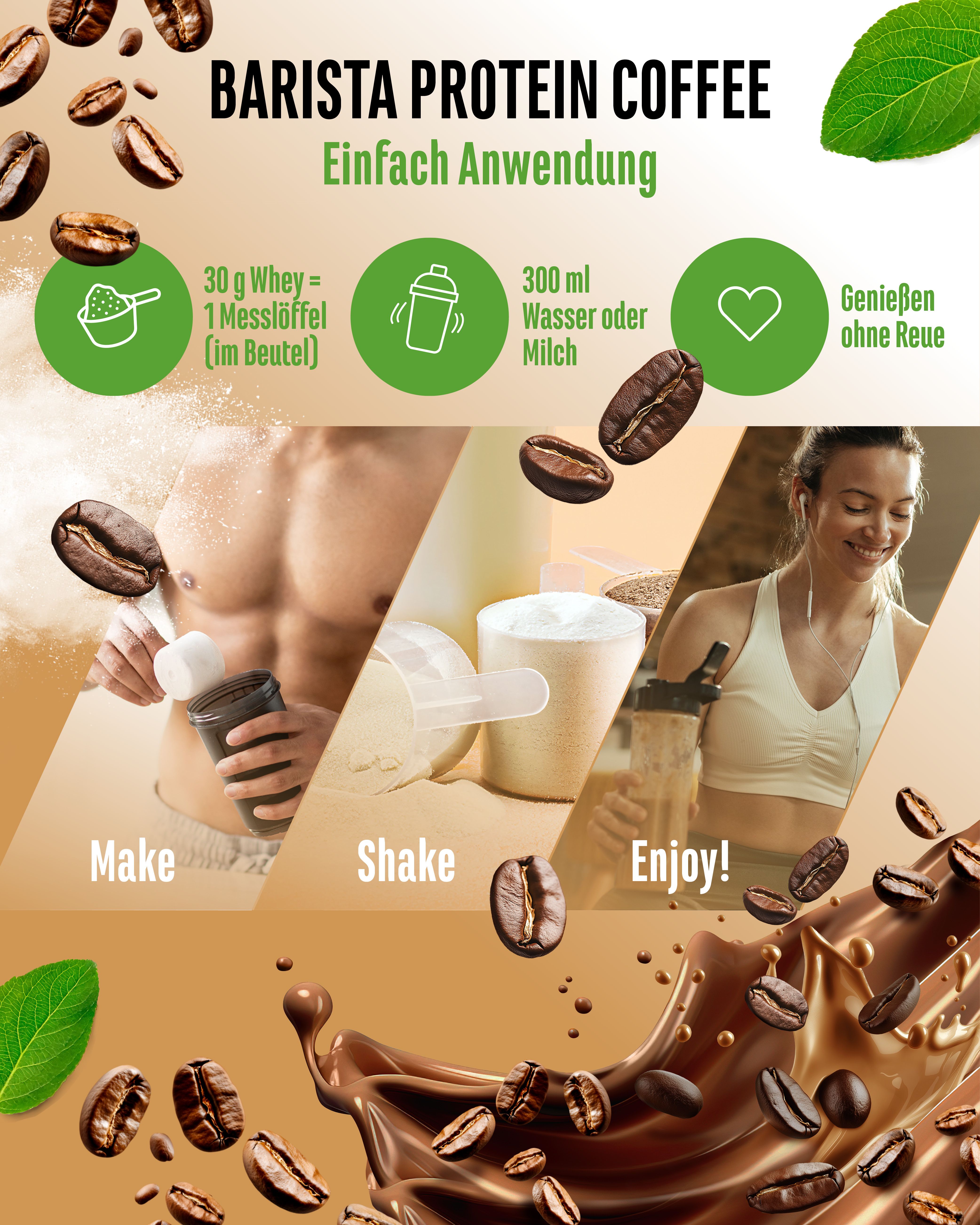 Anleitung zur Zubereitung von "vit4ever Barista Protein Coffee". Enthält Abbildungen von Zutaten und Zubereitungsschritten.