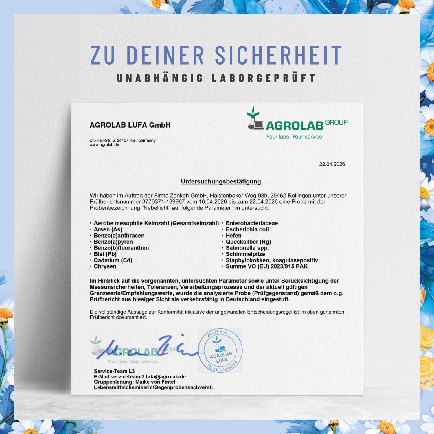 Untersuchungsbestätigung von AGROLAB LUFA GmbH. Analyseergebnisse für Nebellicht. Laborgeprüft.
