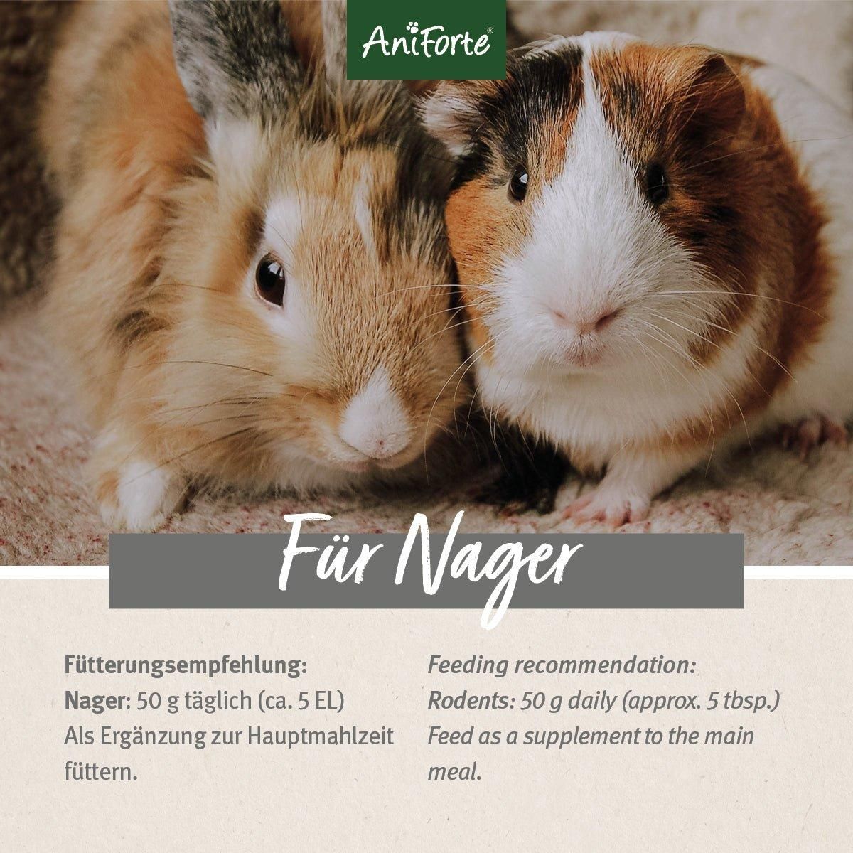 Kaninchen und Meerschweinchen. Text: Für Nager. Fütterungsempfehlung: 50 g täglich.