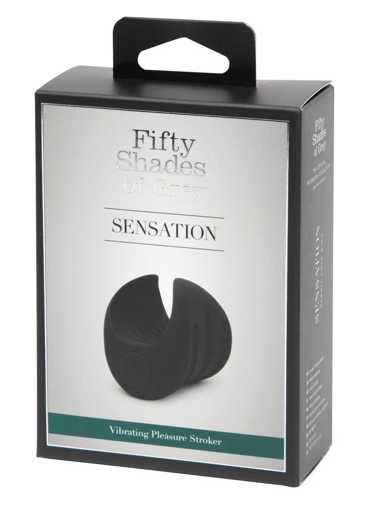 Verpackung mit Produkt. Text: Fifty Shades of Grey, Sensation, Vibrating Pleasure Stroker.