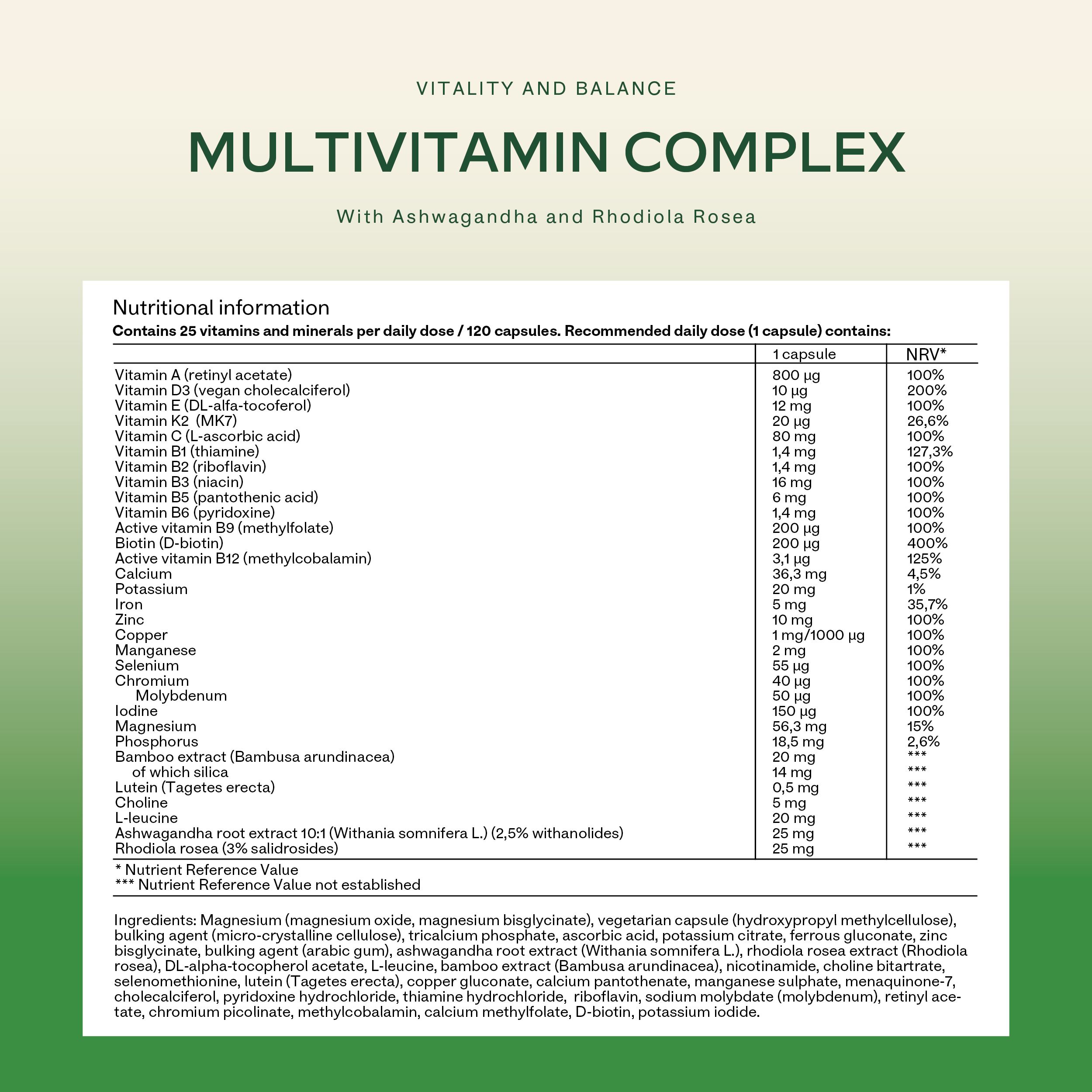 Text mit Nährwertangaben. Enthält 25 Vitamine und Mineralien pro Tagesdosis. Empfohlene Tagesdosis: 1 Kapsel.