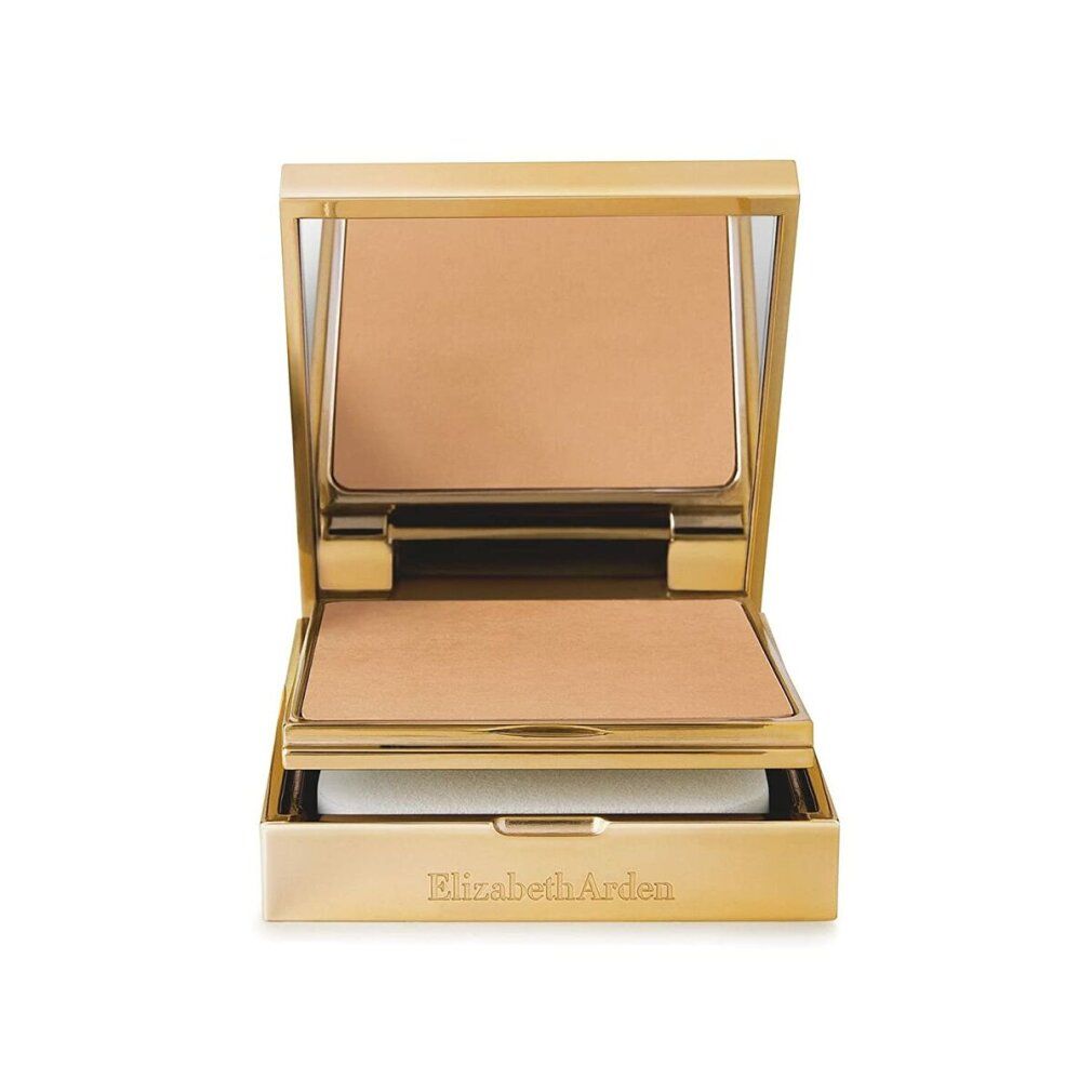 Goldfarbene Kompakt-Make-up-Dose mit Spiegel, Schwamm und Make-up. Offen.