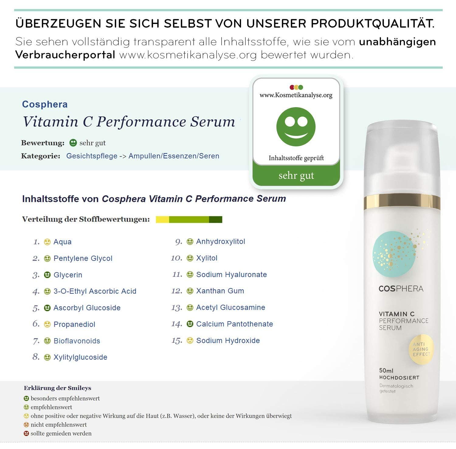 Weiße Flasche mit goldfarbenem Ring und türkisfarbenem Etikett mit Glitzerpartikeln. Beschriftung: Cosphera Vitamin C Performance Serum, 50ml.