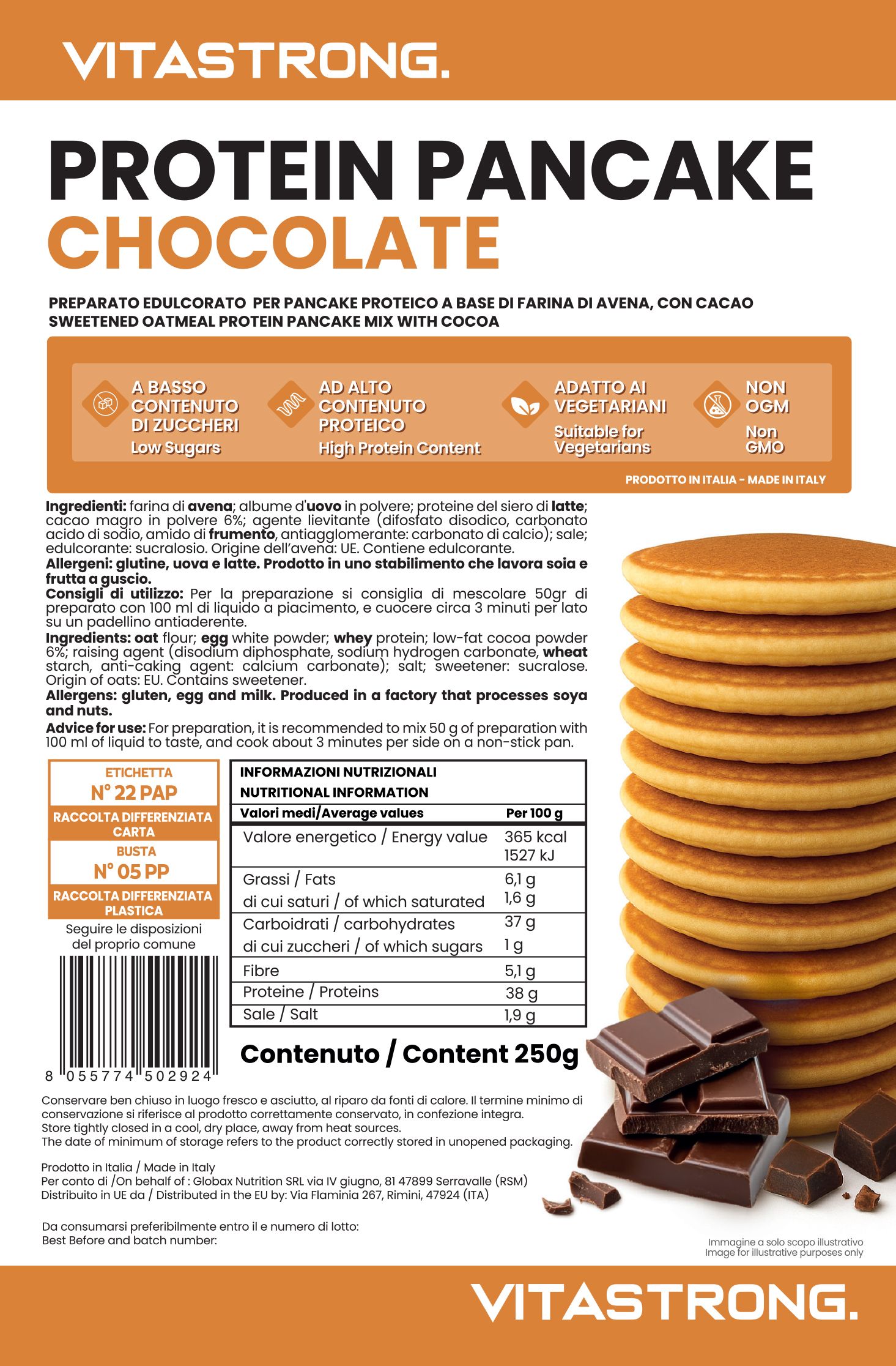 Packung Vitastrong Protein Pancake Chocolat. Stapel Pfannkuchen und Schokoladenstücke. Text: Protein Pancake Chocolat, 250 g.