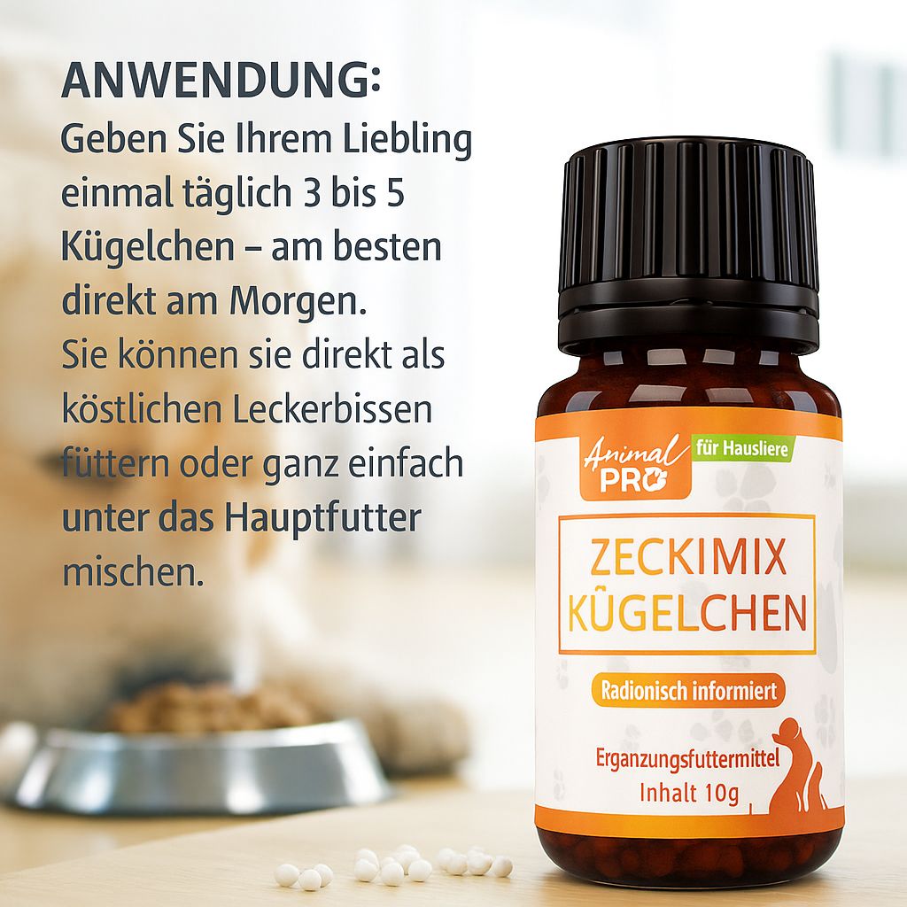 Braune Glasflasche mit schwarzem Deckel. Etikett mit Produktnamen Zeckimix Kügelchen, Marke Animal Pro, für Haustiere. Kügelchen daneben.