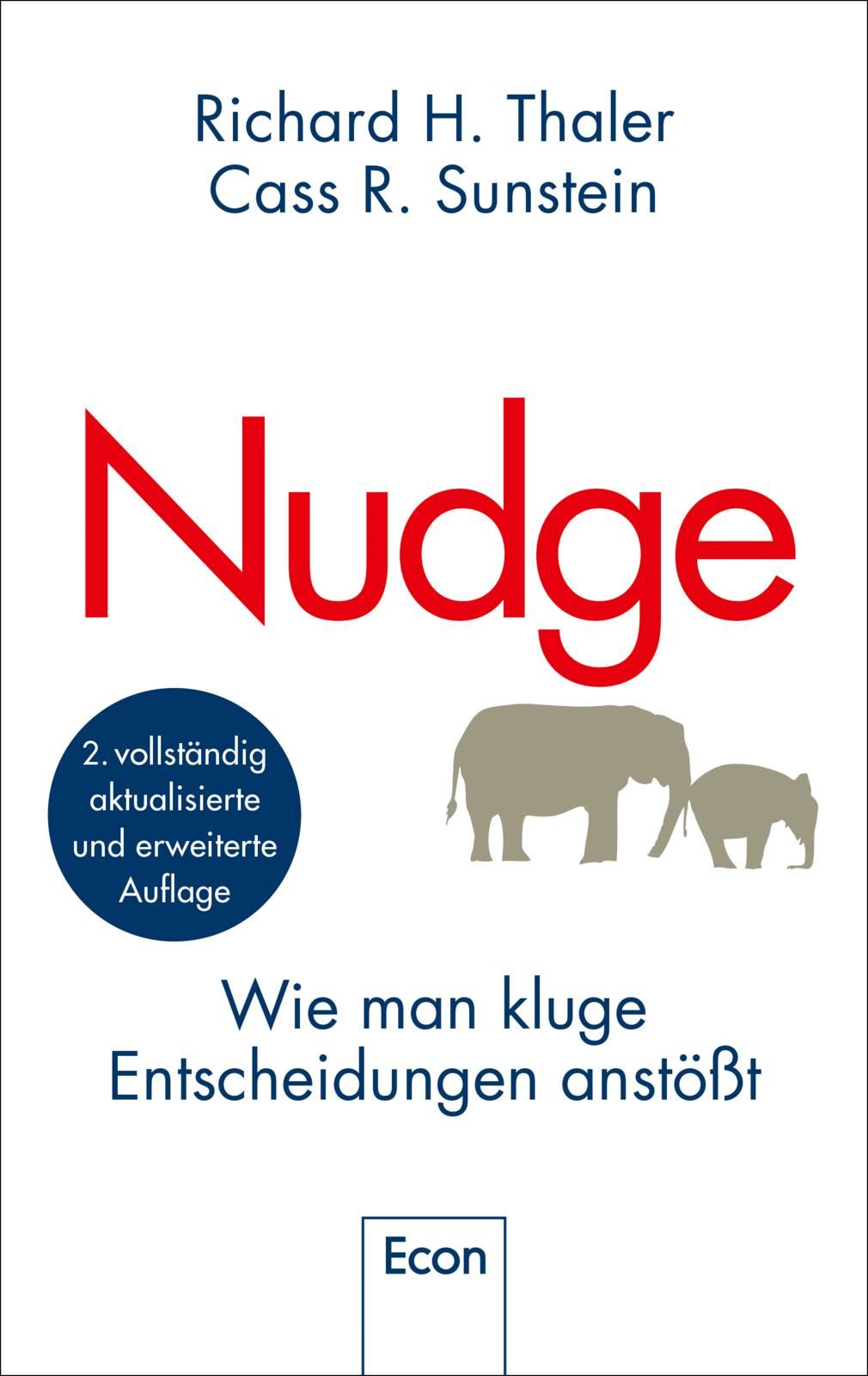 Buchcover mit rotem "Nudge"-Schriftzug, Autorennamen, Untertitel und zwei Elefanten-Silhouetten. Blaue Plakette mit Text.