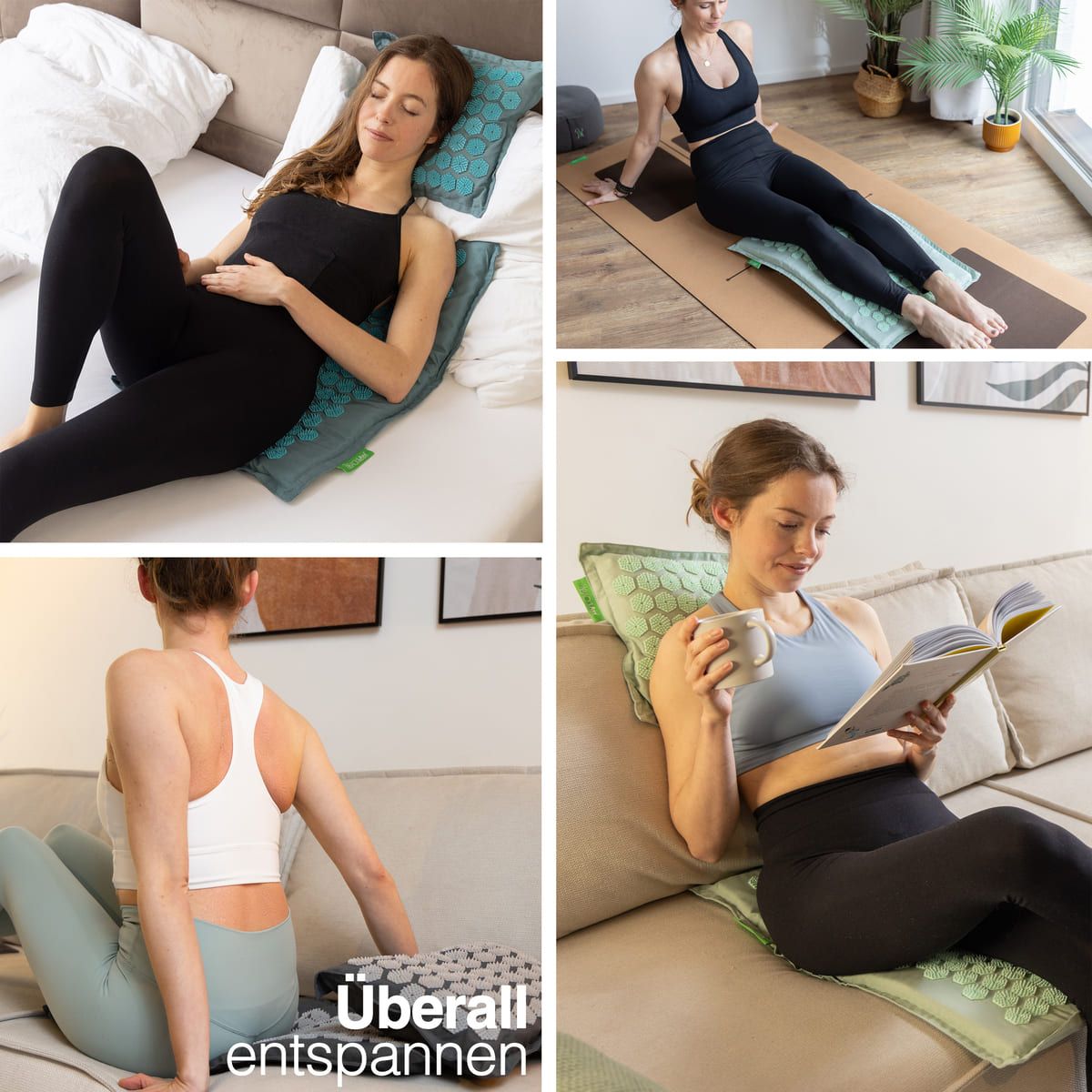 Frauen entspannen auf Akupressurmatten. Verschiedene Positionen: Liegend, sitzend, lesend. Verschiedene Umgebungen: Bett, Yoga-Matte, Sofa.