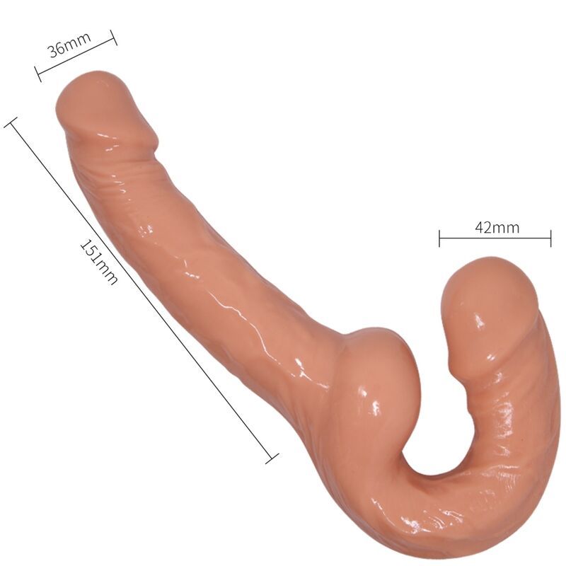 Beigefarbener Gurt-Dildo mit zwei Enden. Maße: 151x36mm und 110x42mm.